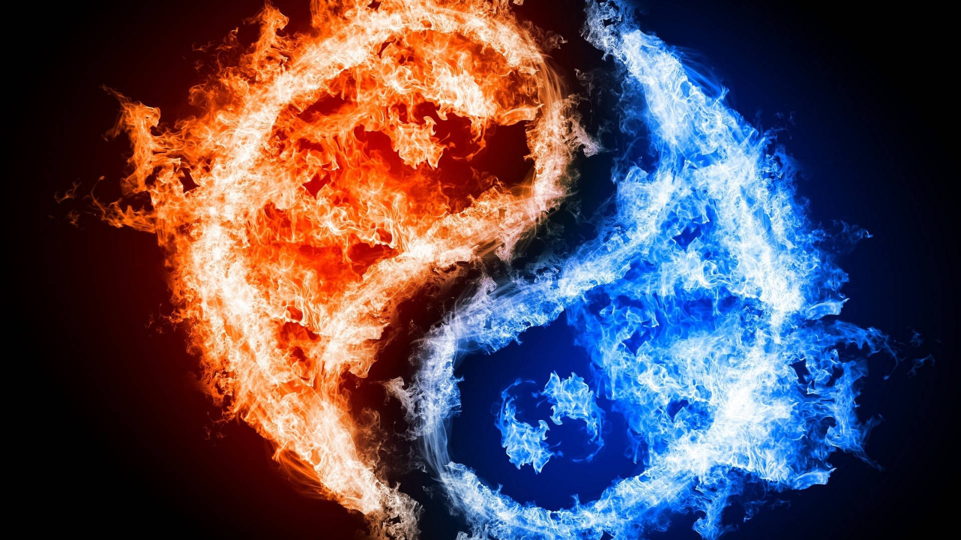 Yin Yang 4K 桌布 壁紙 — 一個火熱橙色和冰冷藍色的陰陽符號在黑色背景上旋轉。