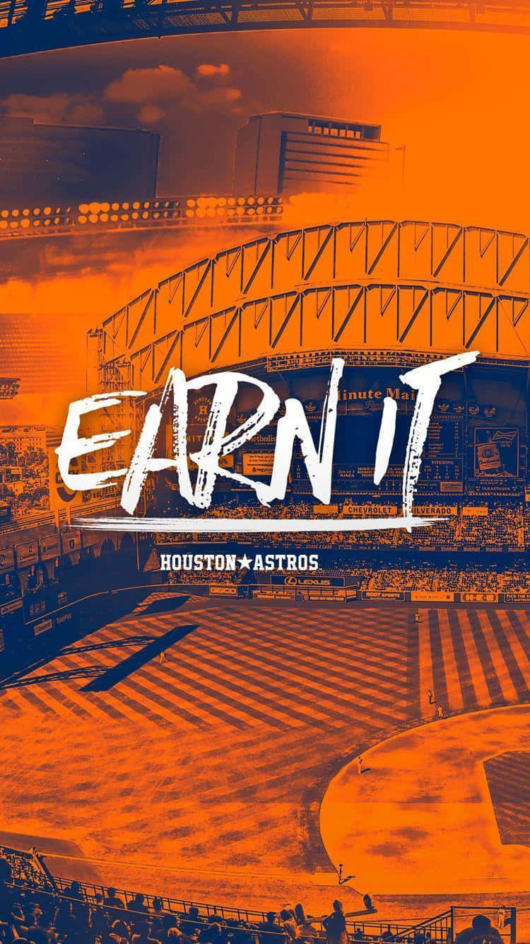 Astros 桌布 壁紙 — 一個火熱橙色和藍色風格化的棒球場，帶有粗體 'EARN IT' 文字和休士頓太空人品牌標識。