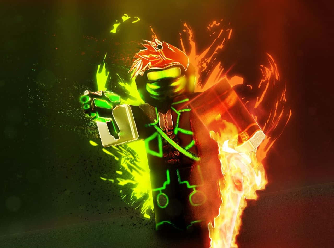 Roblox Avatar 桌布 壁紙 — 一個火熱的LEGO人偶，在黑暗背景中從雙手發出發光的綠色能量衝擊波。
