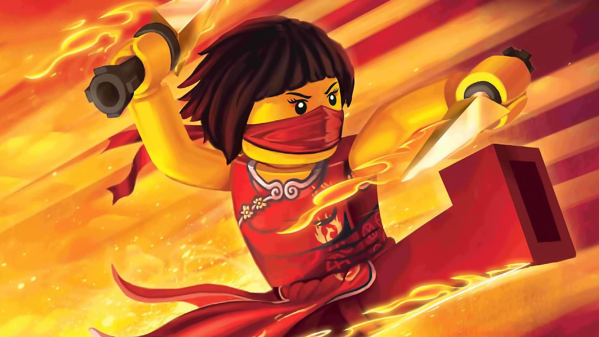 Ninjago 桌布 壁紙 — 一個火熱的LEGO忍者戰士穿著紅色盔甲，在熾熱的橙色和黃色背景下揮舞雙劍。