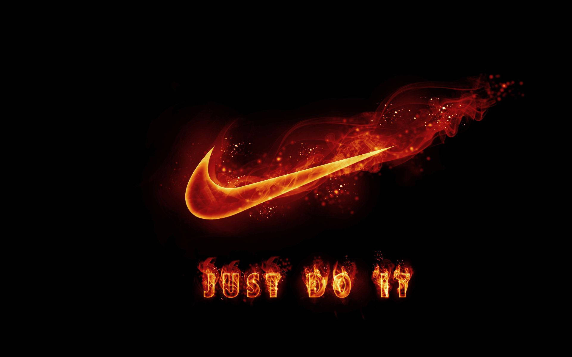 酷炫耐吉 桌布 壁紙 — 一個火熱的Nike勾勾和'JUST DO IT'文字在黑色背景上發光，帶有餘燼和煙霧效果。