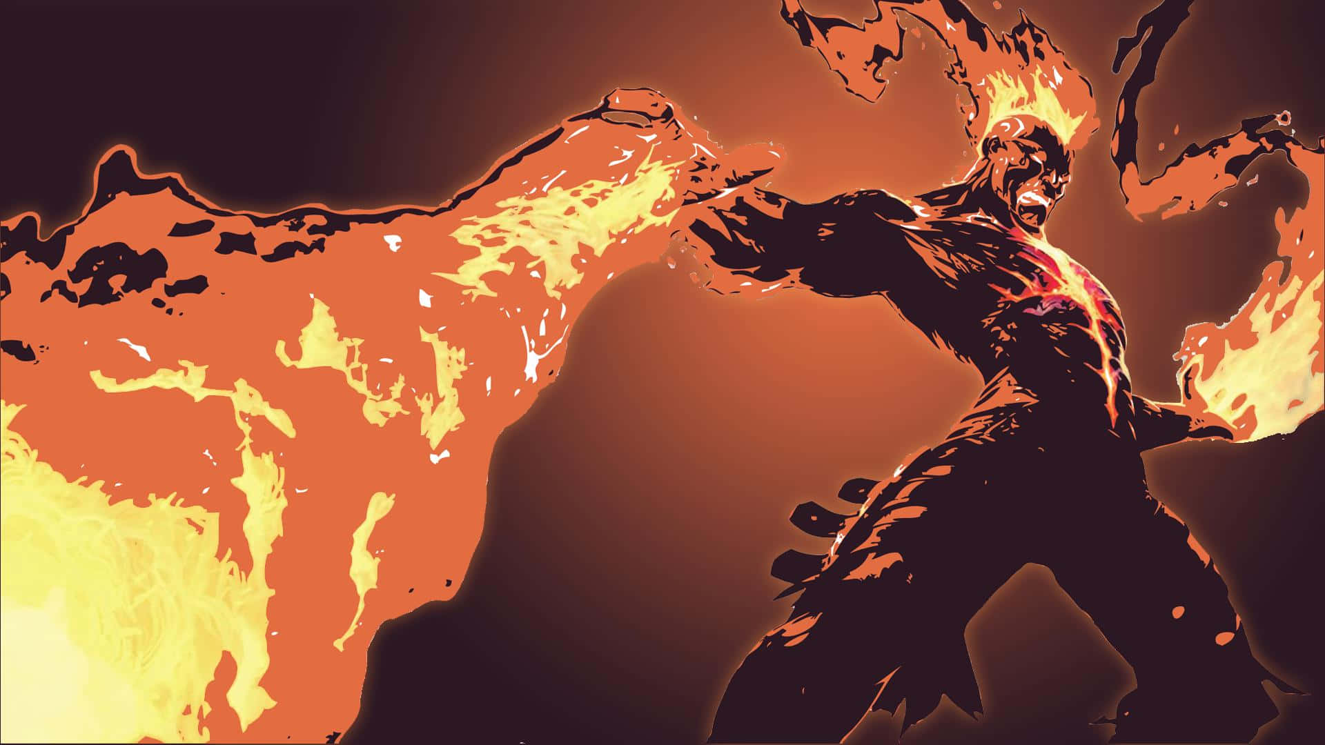 Best League Of Legends 桌布 壁紙 — 一個火熱的人形身影，身體和手臂噴發出熾熱的橙色火焰，背景為深色漸變。