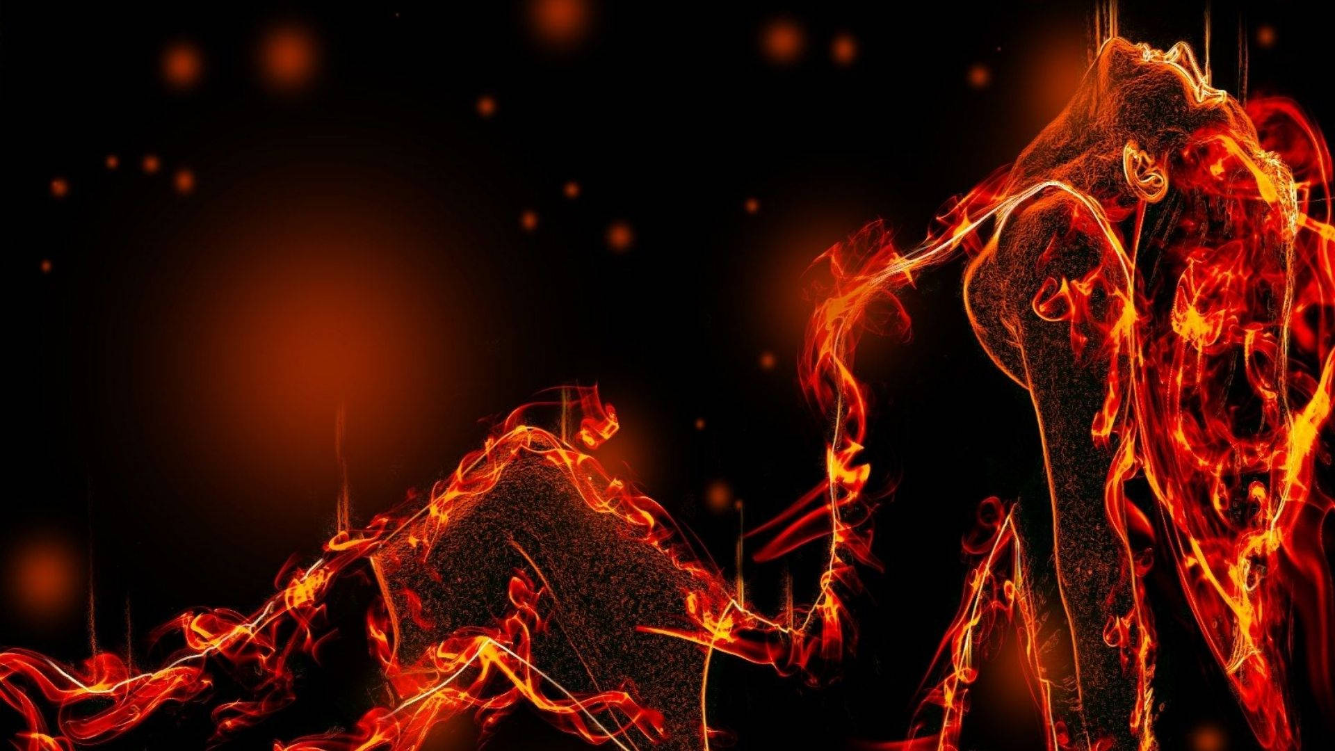 Fire Girl 桌布 壁紙 — 一個火熱的人形身影從發光的橙色火焰中浮現，背景黑暗，漂浮著餘燼。