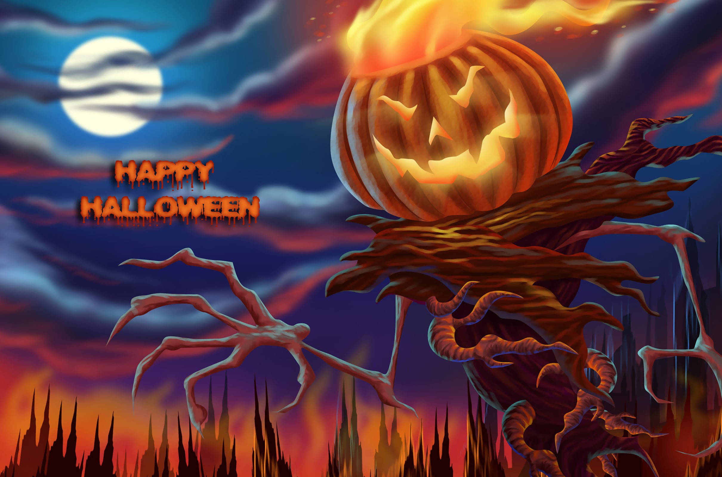 Happy Halloween 桌布 壁紙 — 一個火熱的傑克南瓜燈，眼睛發光，棲息在扭曲的樹枝上，滿月下帶有「Happy Halloween」文字。