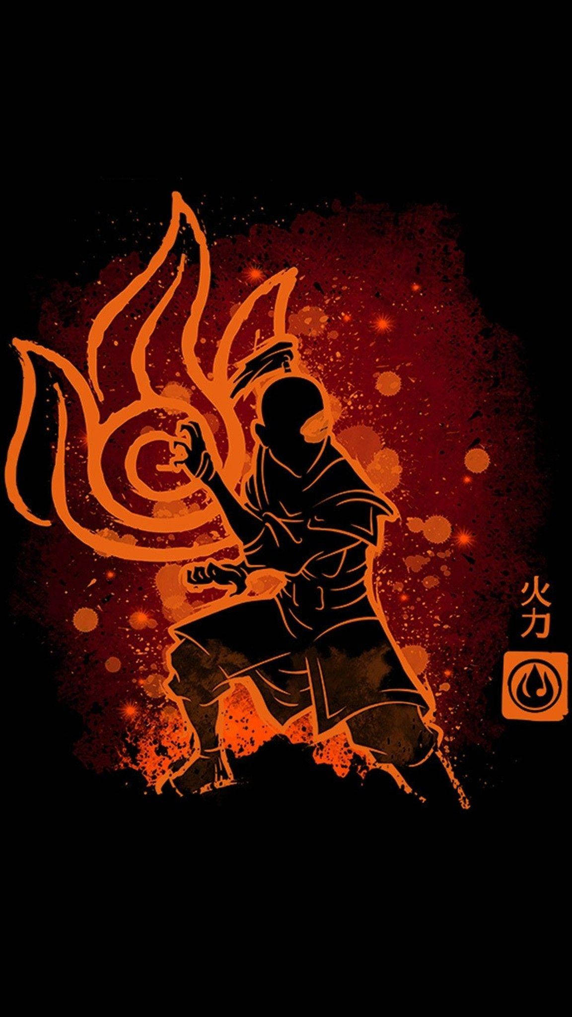 祖寇 桌布 壁紙 — 一個火熱的剪影，一個忍者戰士在深紅色飛濺的背景上釋放出熾熱的橙色火焰。