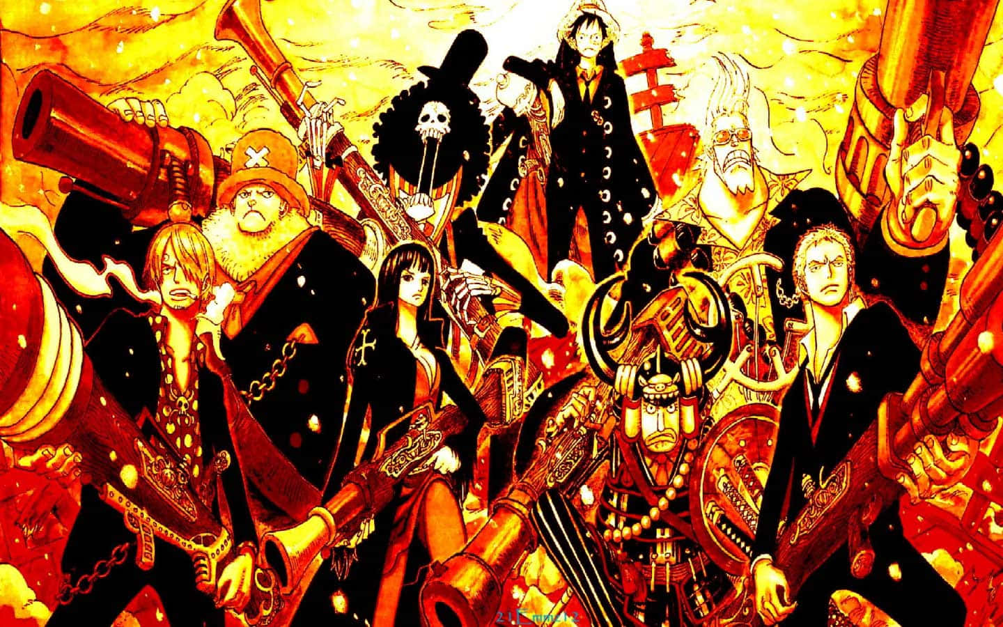 One Piece Cool 桌布 壁紙 — 一個火熱的動漫團隊手持大砲和劍，挑釁地站在熾熱的金色天空前。