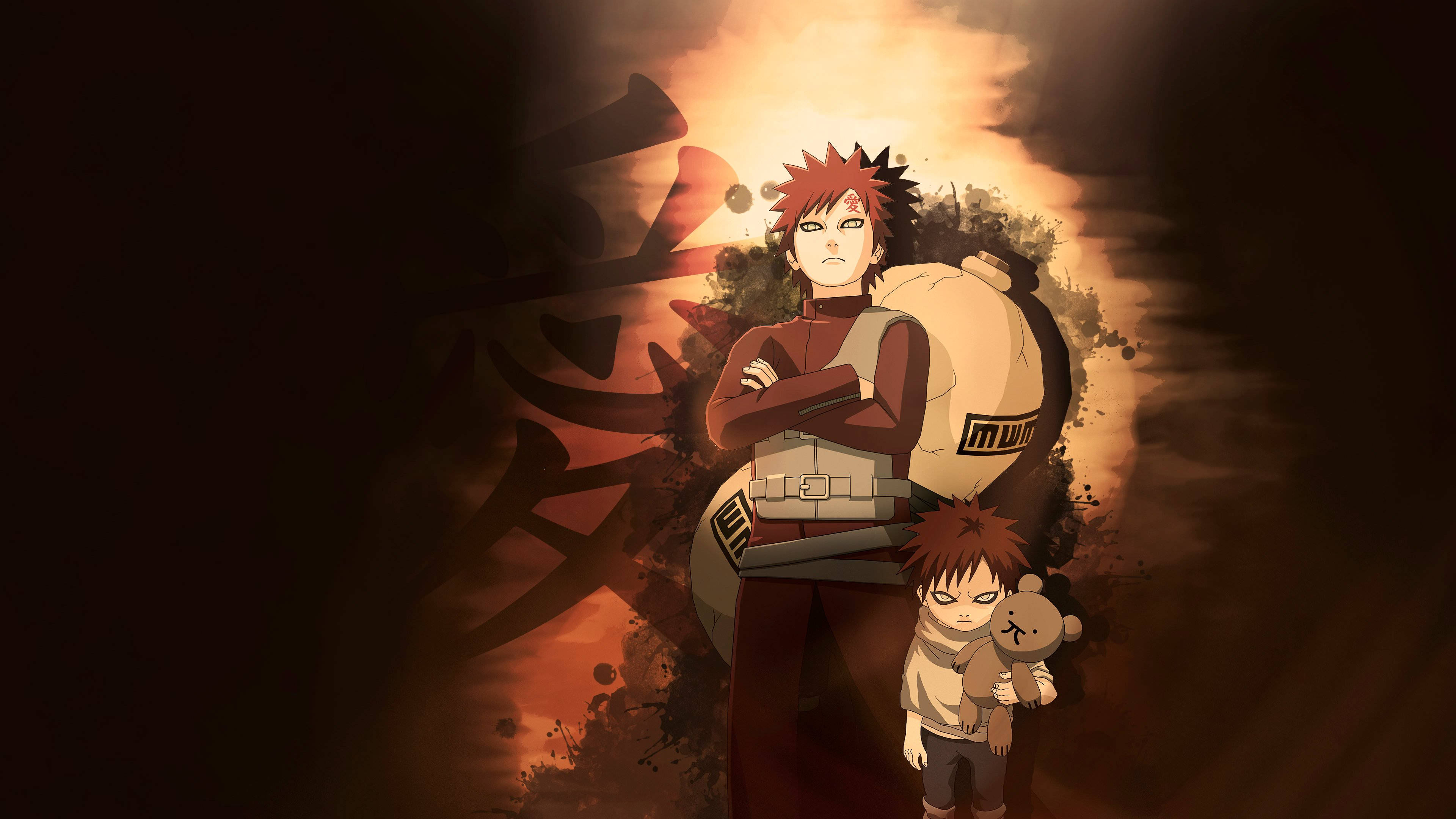 Gaara 桌布 壁紙 — 一個火熱的動漫場景，紅髮忍者交叉雙臂，保護性地站在一個抱著泰迪熊的孩子身後，背景是發光的橙色，帶有一個大的漢字。