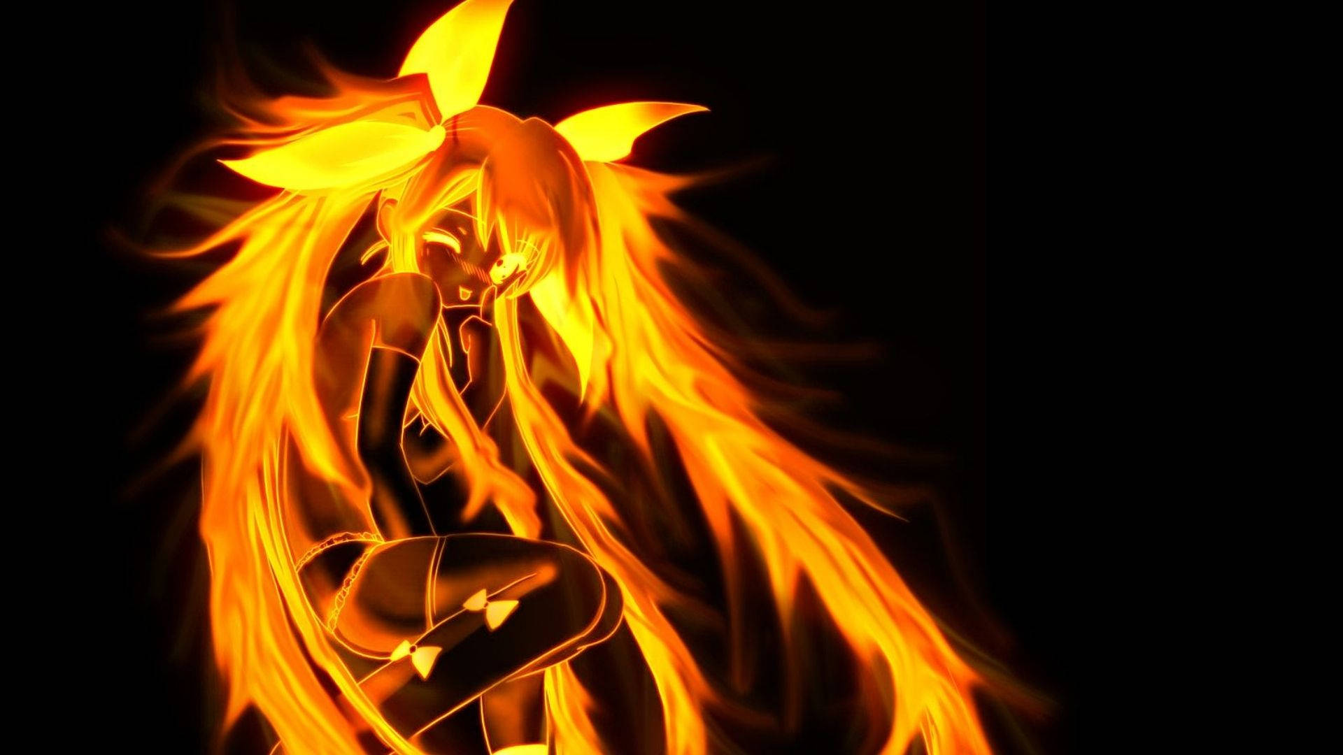 Fire Girl 桌布 壁紙 — 一個火熱的動漫女孩，擁有發光的橙色頭髮和在她周圍旋轉的火焰，背景為黑色。