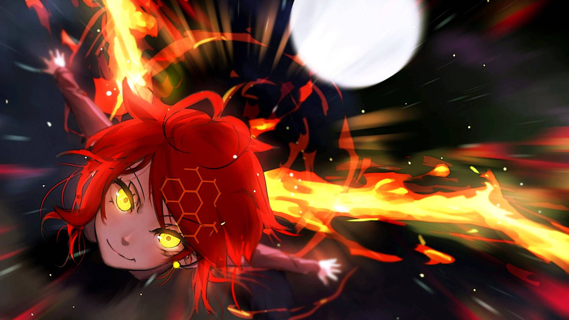 Fire Anime 桌布 壁紙 — 一個火熱的動漫女孩，擁有發光的黃色眼睛和紅色頭髮，在黑暗的宇宙背景下釋放出熾熱的能量爆炸。