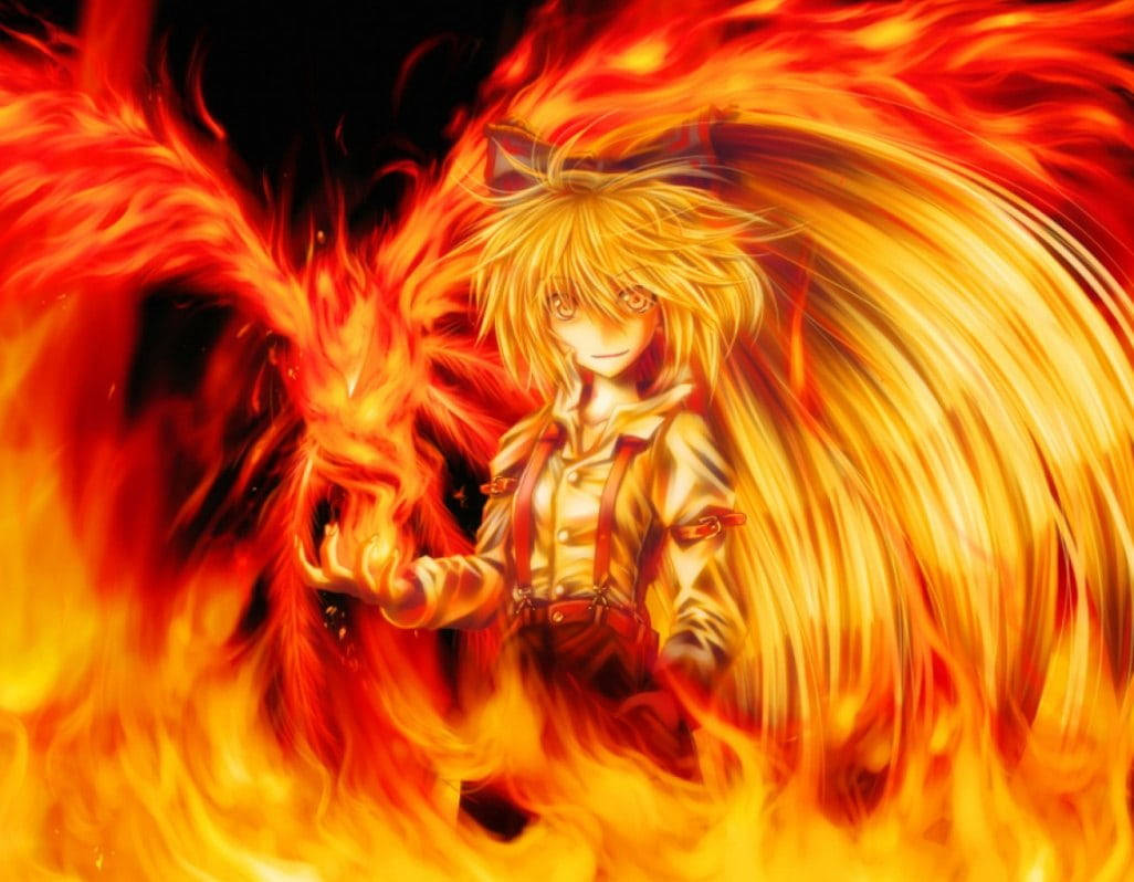 Fire Anime 桌布 壁紙 — 一個火熱的動漫女孩，金色頭髮，火焰從她的雙手和翅膀中噴發，背景是黑暗的。