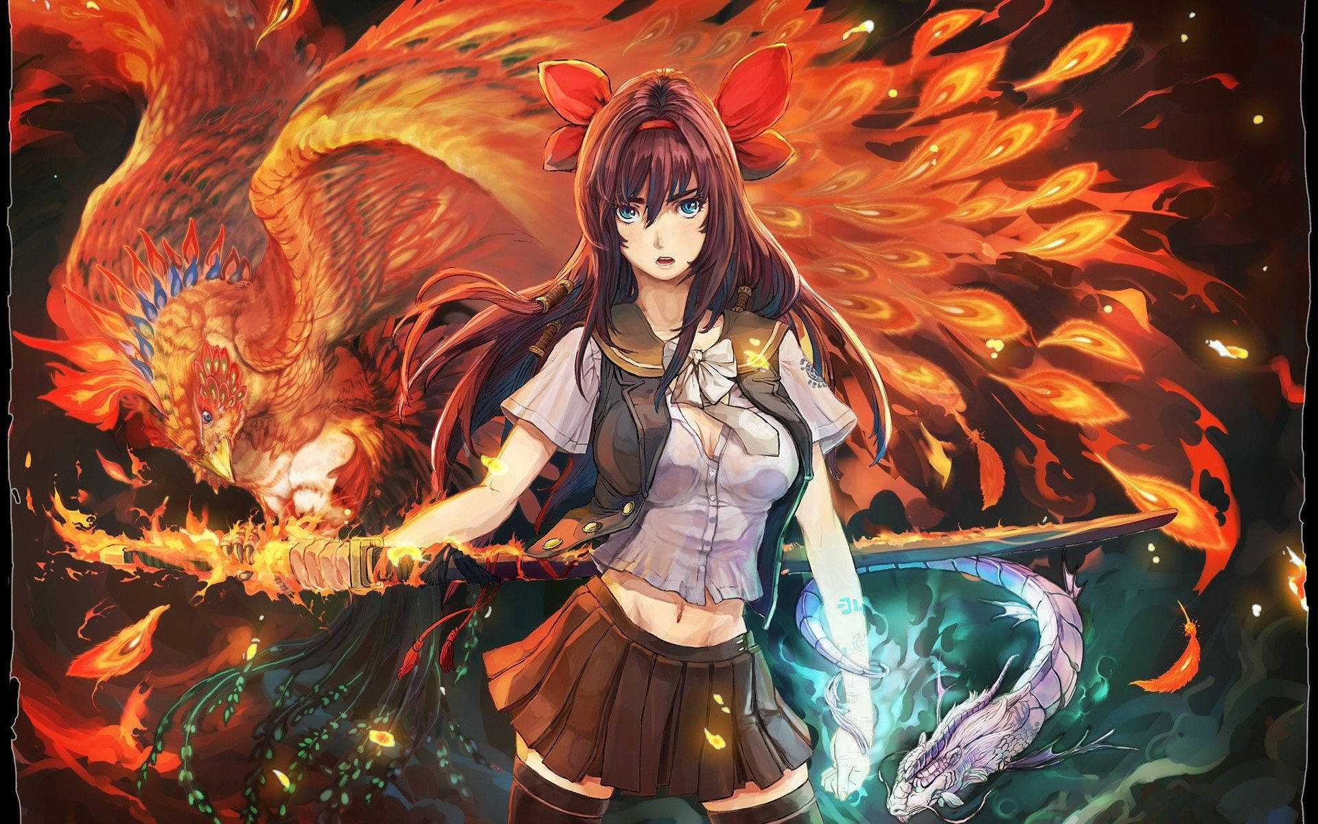 Fire Anime 桌布 壁紙 — 一個火熱的動漫女孩穿著校服，在鳳凰和發光龍旁邊揮舞著火焰劍，呈現出動態的戰鬥場景。