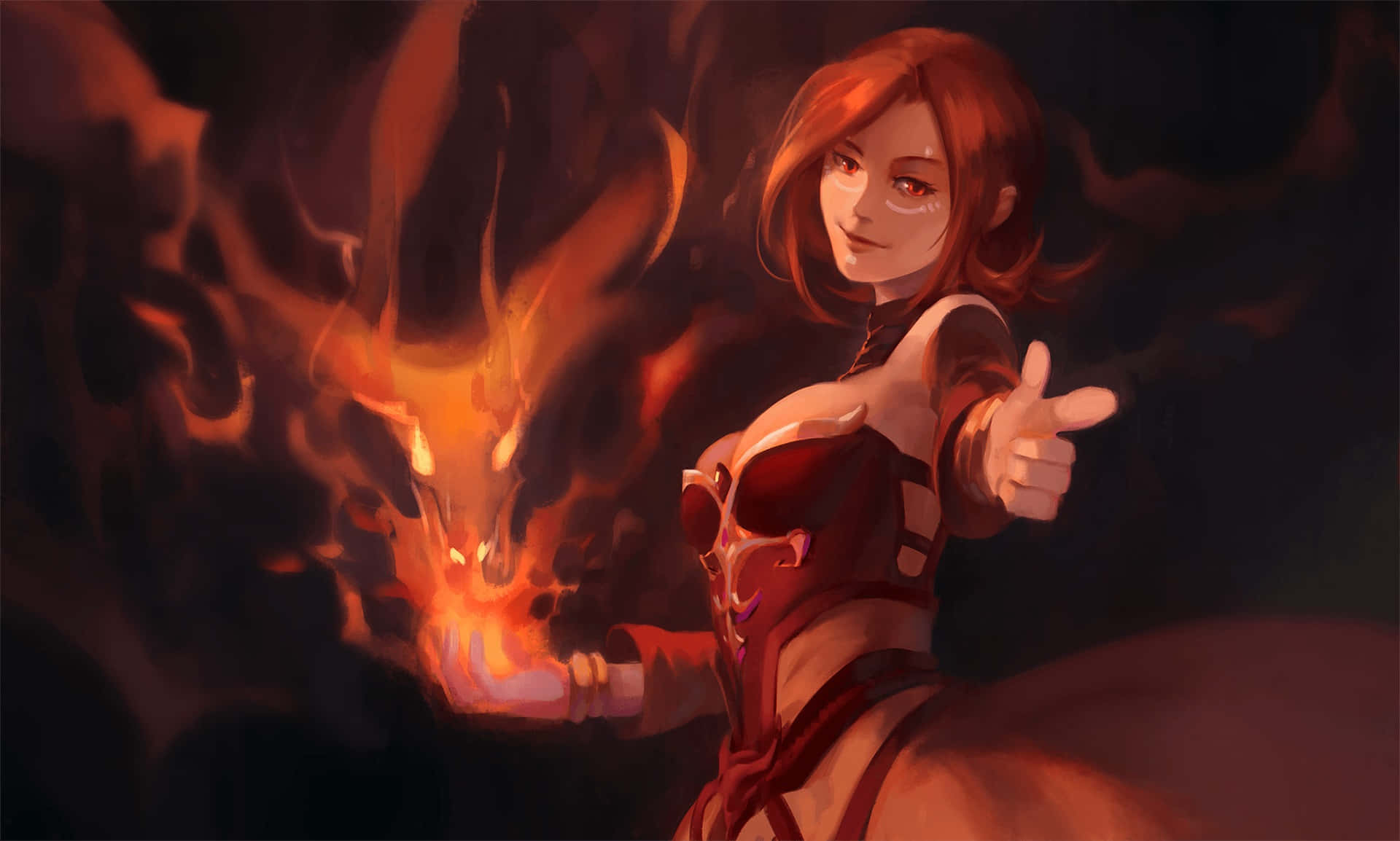 Dota 2 Lina 桌布 壁紙 — 一個火熱的動漫女孩穿著紅色盔甲，揮舞著一個熾熱的龍頭，在黑暗煙霧的背景中發出橙色的光芒。