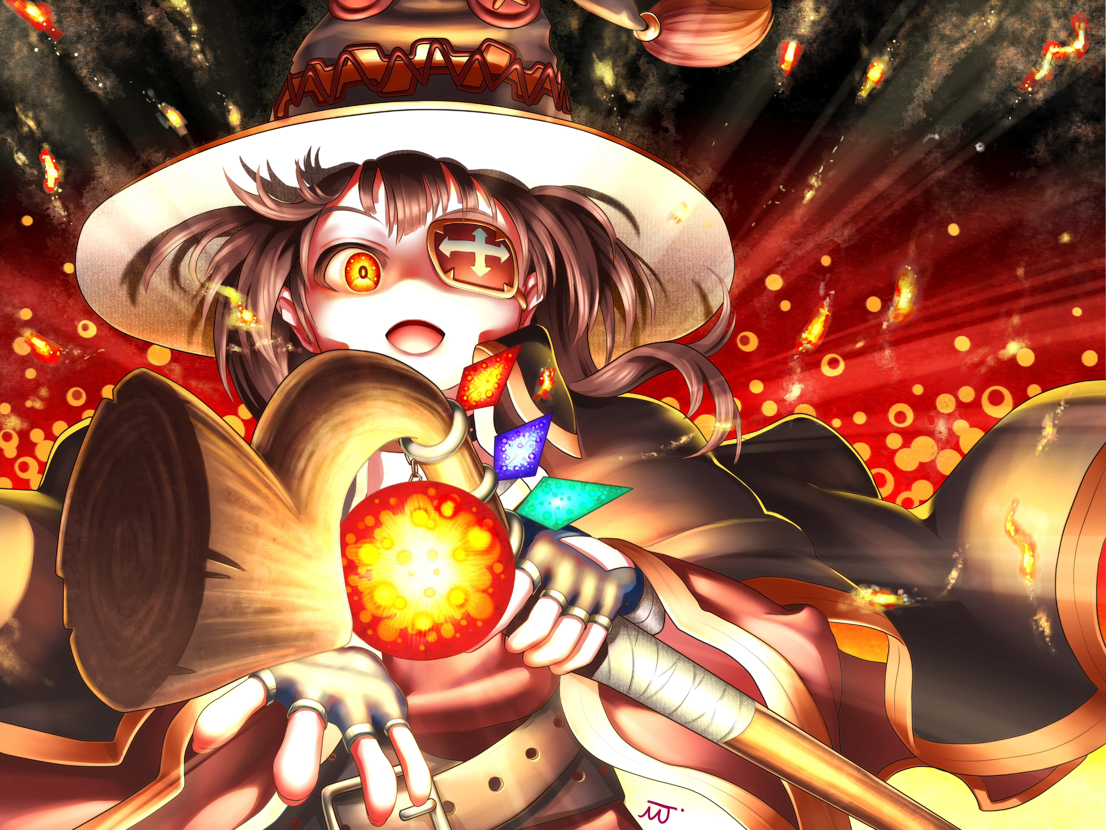 Konosuba 桌布 壁紙 — 一個火熱的動漫女巫，眼睛發光，戴著寬邊帽，手持發光的球體和法杖，背景是燦爛的紅色宇宙。