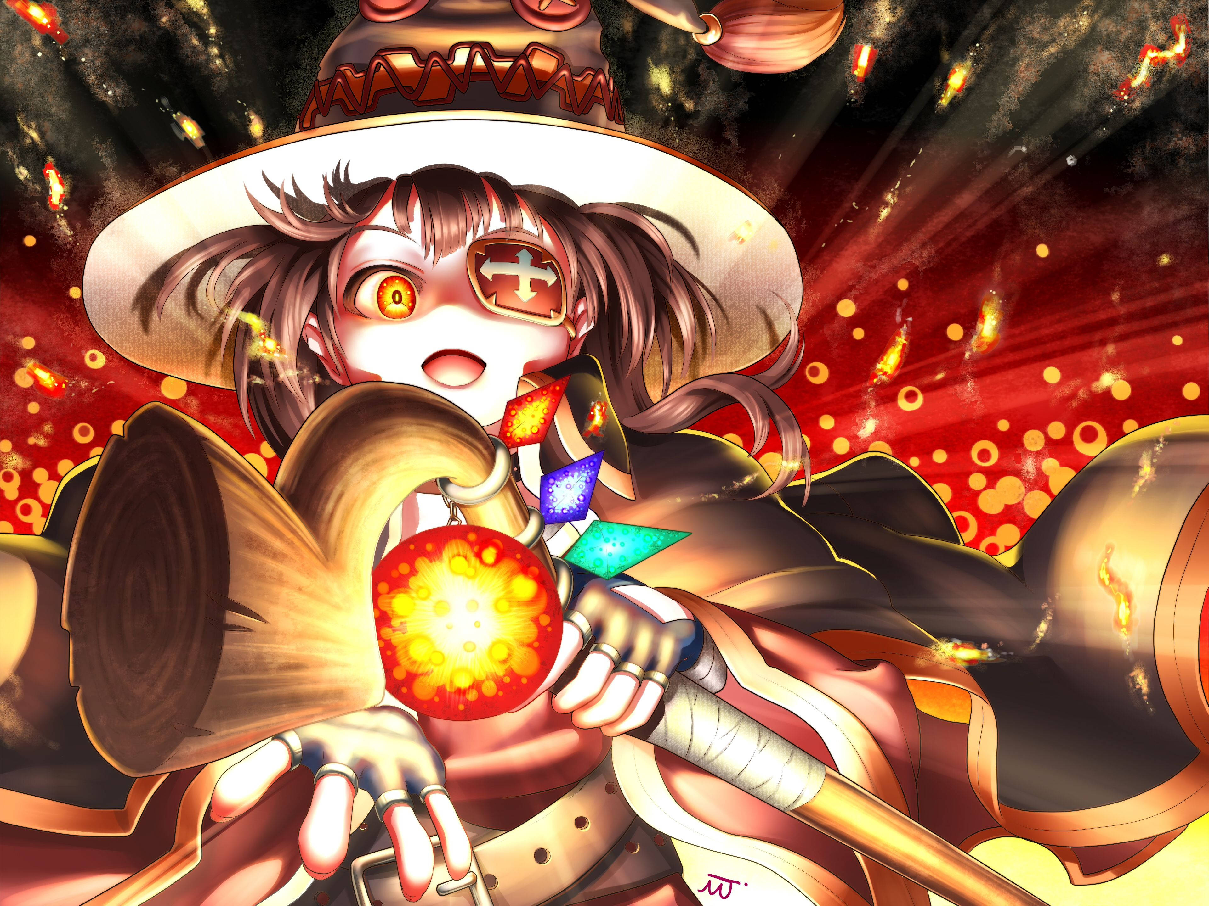Megumin 桌布 壁紙 — 一個火熱的動漫女巫，眼睛發光，戴著寬邊帽，揮舞著魔法杖，背景是熾熱的紅色宇宙。