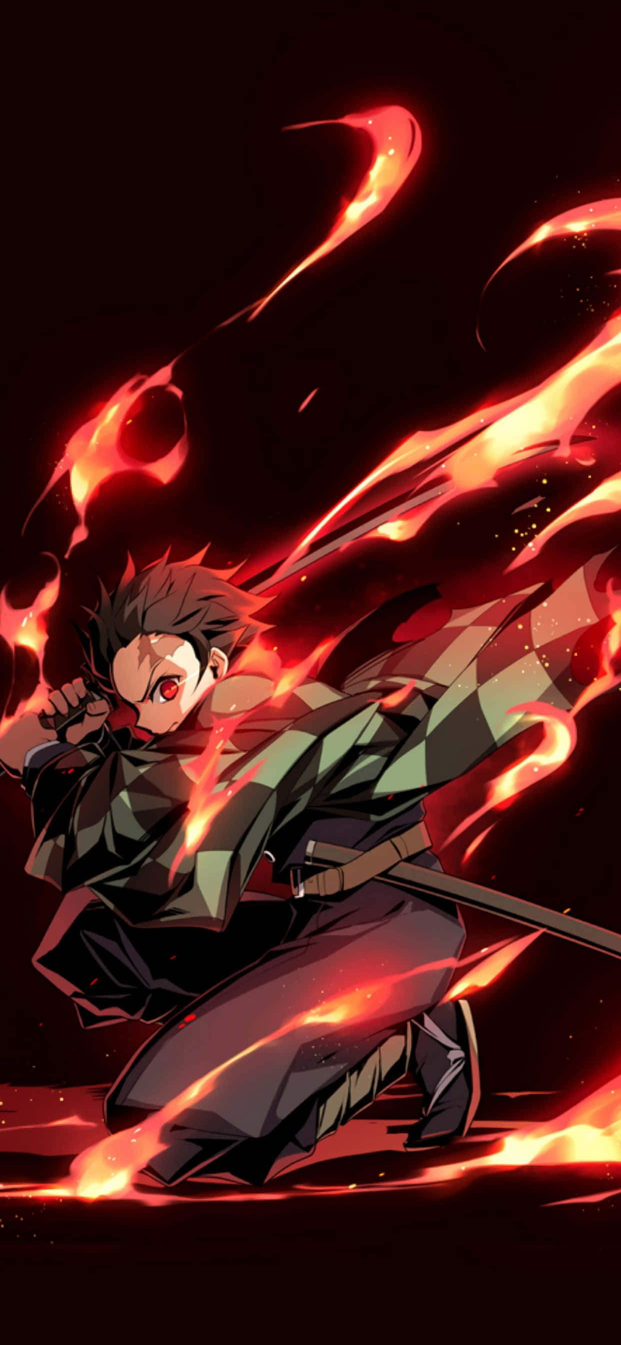 Epic Anime 桌布 壁紙 — 一個火熱的動漫戰士，在黑暗背景下以動態戰鬥姿勢被發光的紅色火焰包圍。