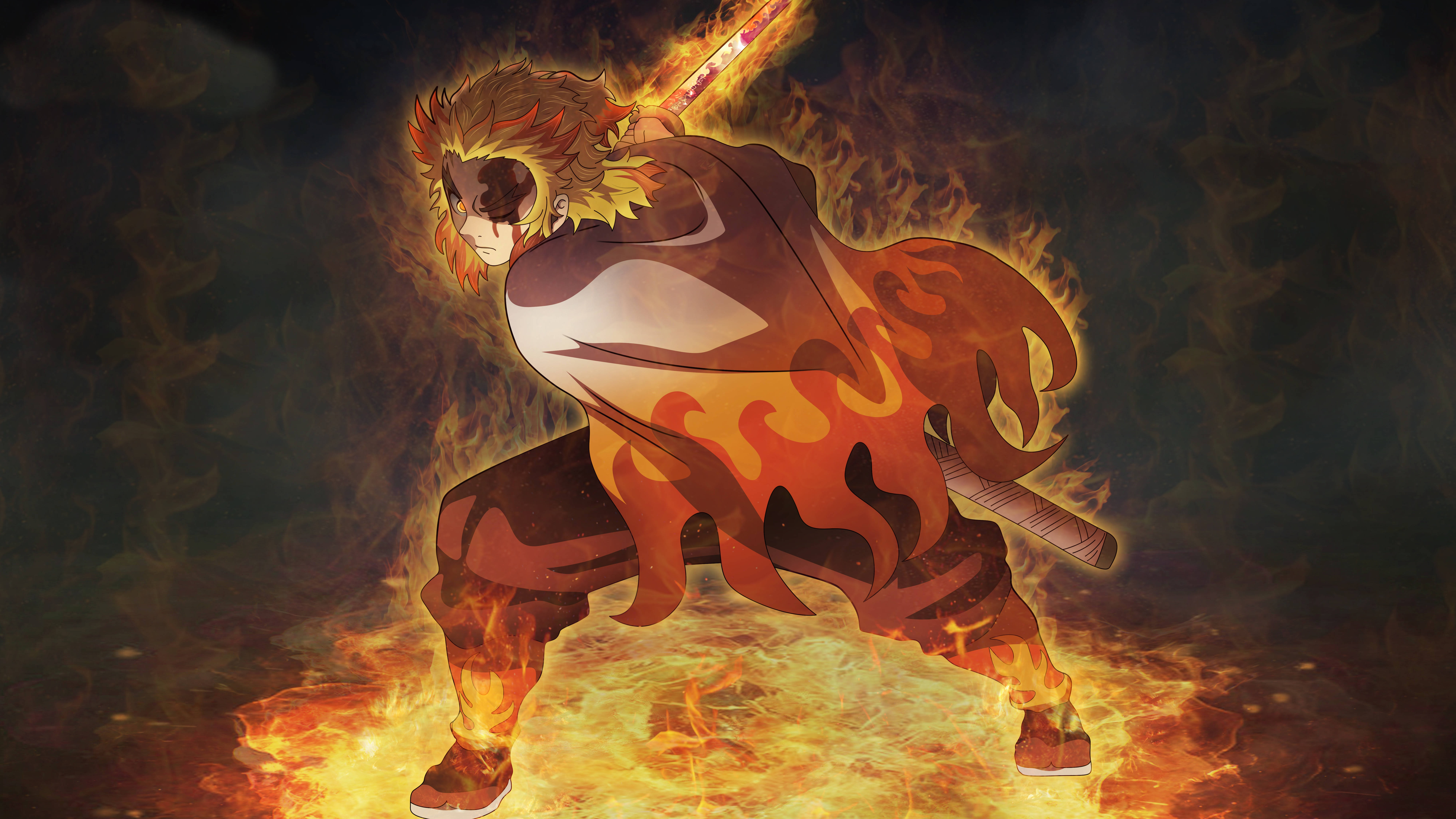 Kyojuro Rengoku 桌布 壁紙 — 一個火熱的動漫戰士，在黑暗背景下被火焰和煙霧包圍，擺出動態戰鬥姿勢。