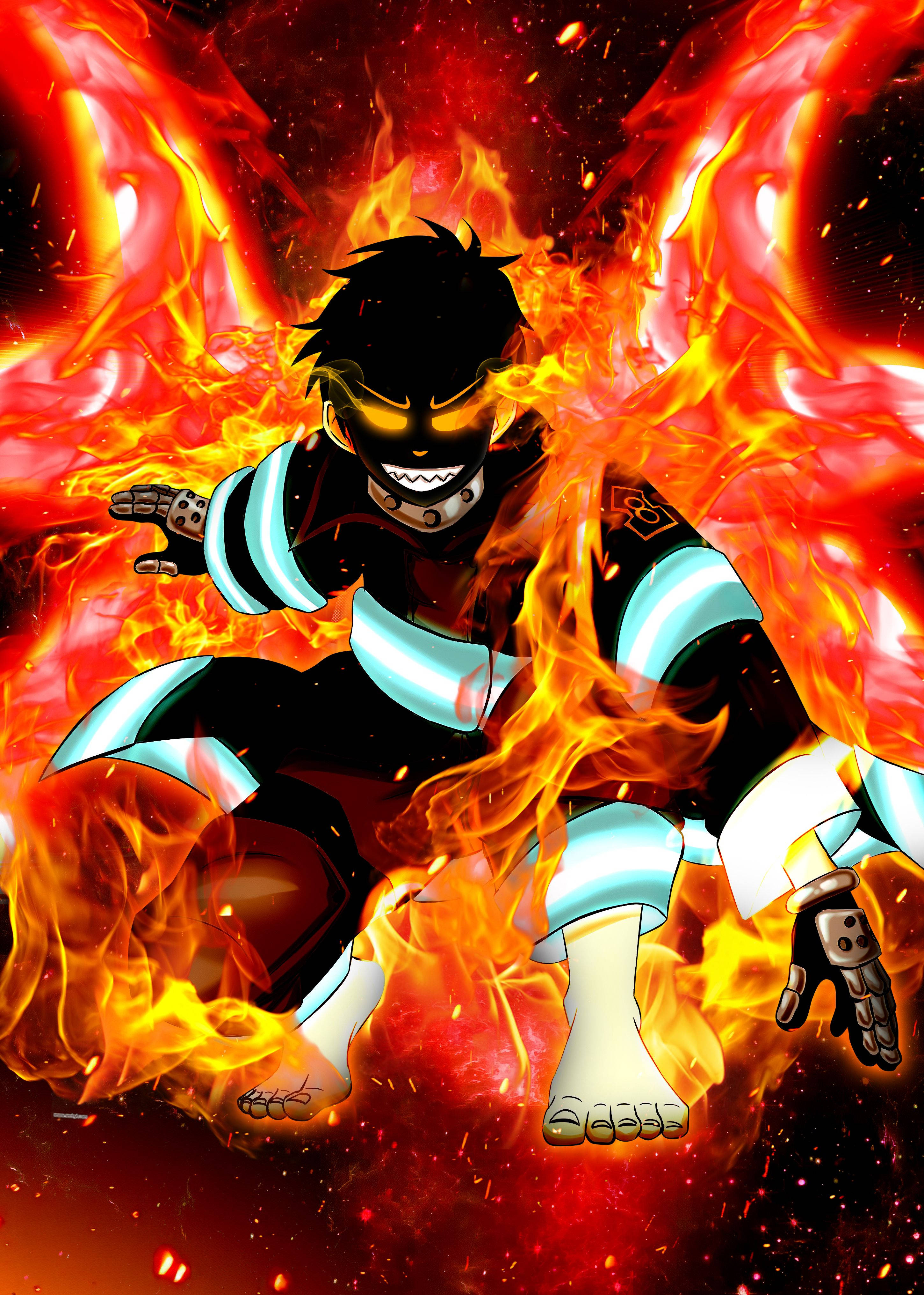Shinra 桌布 壁紙 — 一個火熱的動漫戰士，擁有發光的眼睛和黑色盔甲，站在咆哮的火焰中，背景是黑暗的宇宙。
