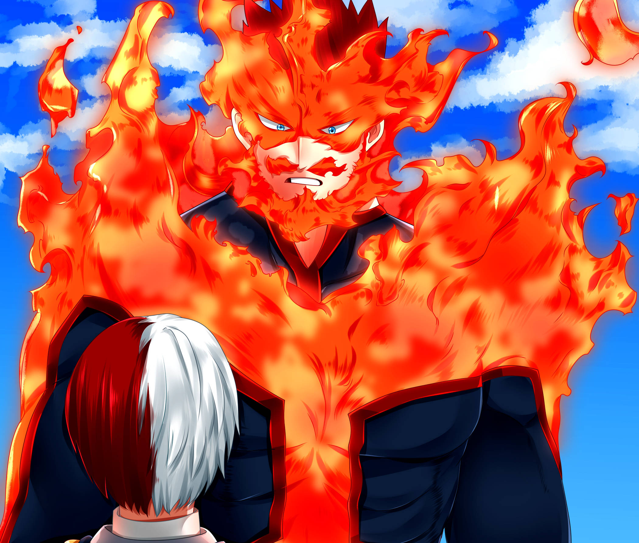 todoroki family 桌布 壁紙 — 一個火熱的動漫戰士，擁有發光的藍色眼睛和尖刺火焰，在明亮的藍天下爆發，而一個較小的紅白頭髮人物敬畏地仰望。