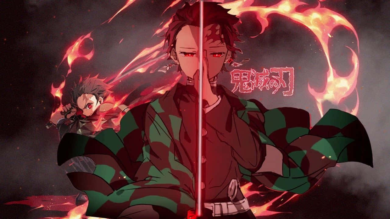 Demon Slayer Season 2 桌布 壁紙 — 一個火熱的動漫戰士，紅眼睛，穿著綠色格子和服，被一把發光的劍劈開，火焰在他周圍旋轉，背景黑暗。