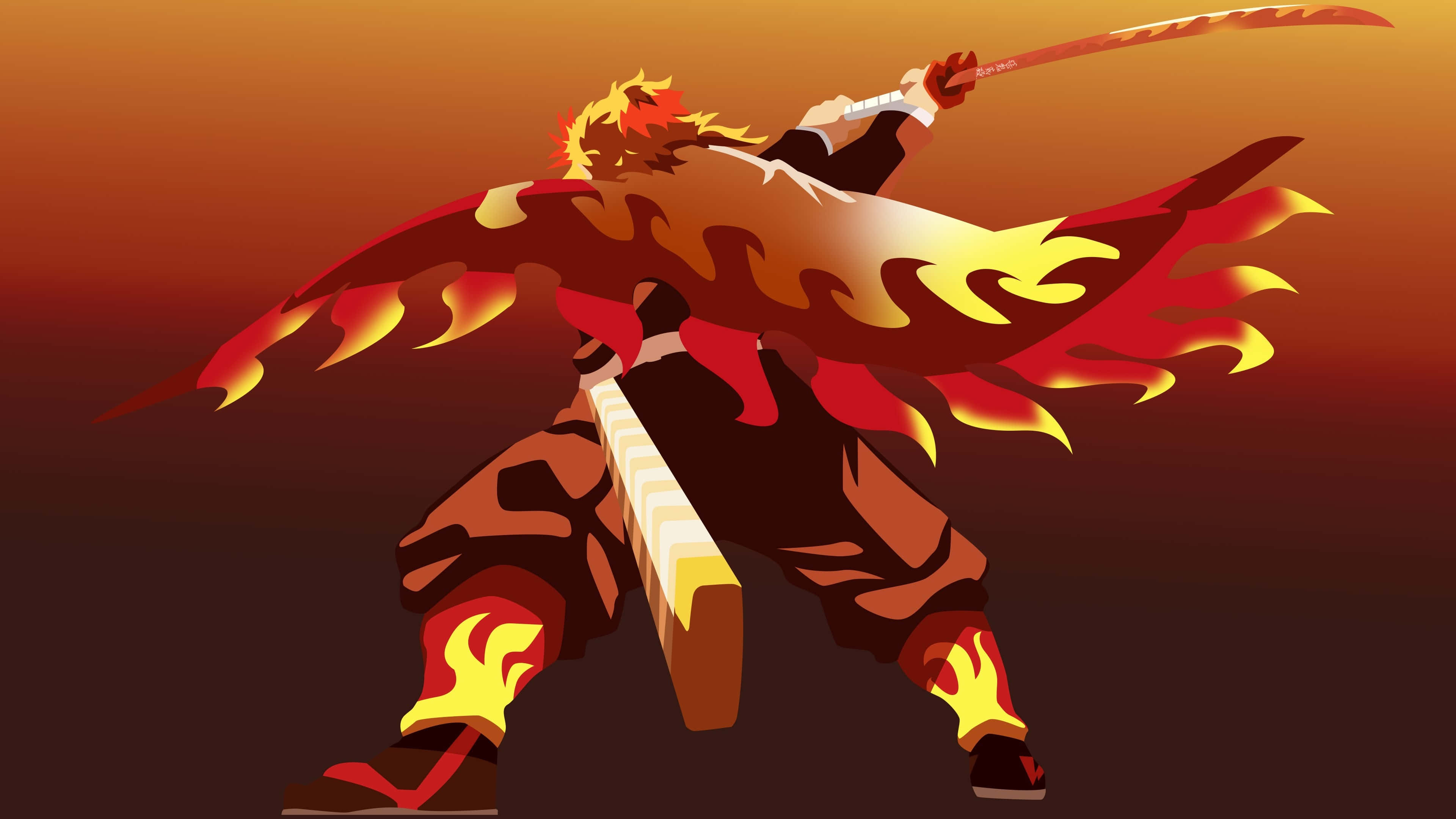 Rengoku Minimalist 桌布 壁紙 — 一個火熱的動漫戰士，身披火焰圖案斗篷，手持劍，在漸變日落背景下動態出擊。