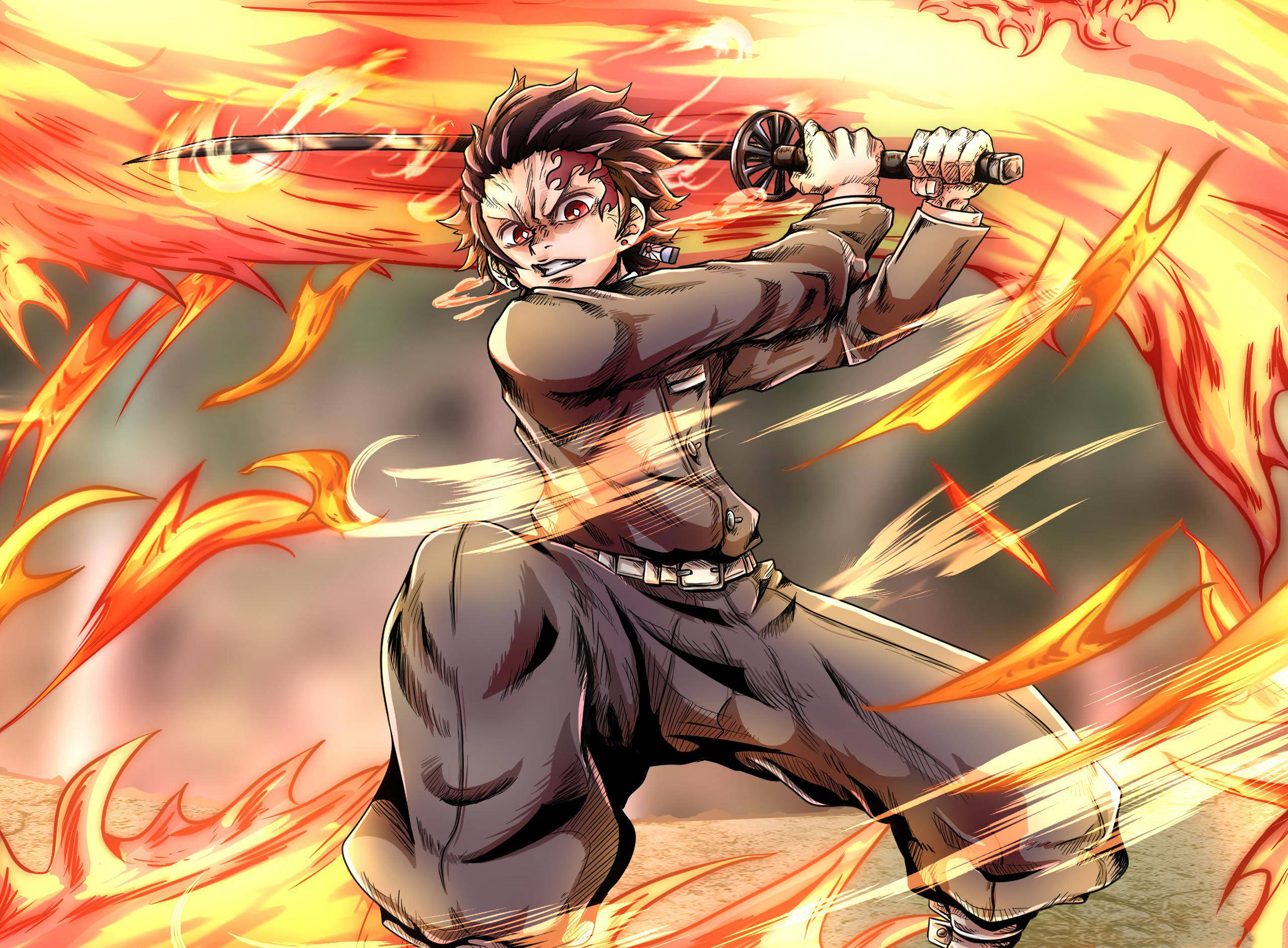 tanjiro pfp 桌布 壁紙 — 一個火熱的動漫戰士以強烈的專注和動態動作劈開熾熱的橙色火焰。