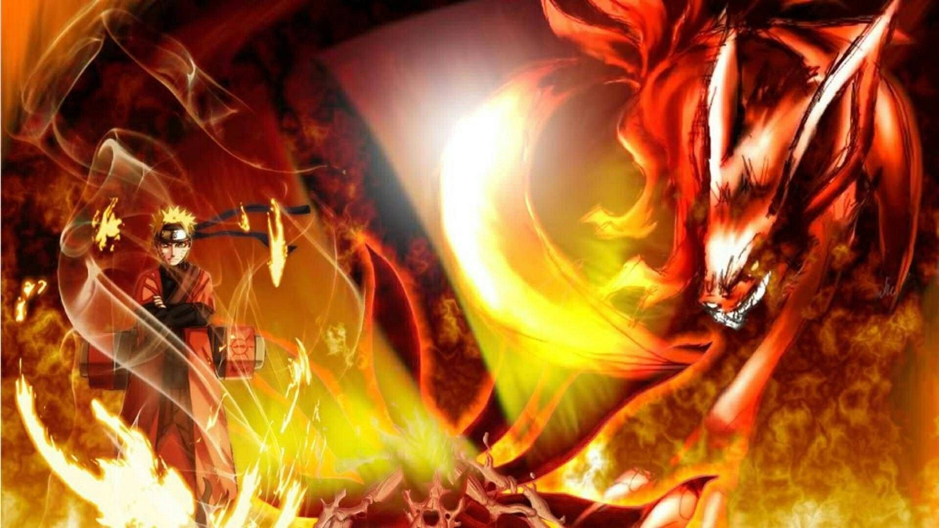 Naruto Nine Tails 桌布 壁紙 — 一個火熱的動漫戰士在動態戰鬥場景中引導著燃燒的九尾狐靈。