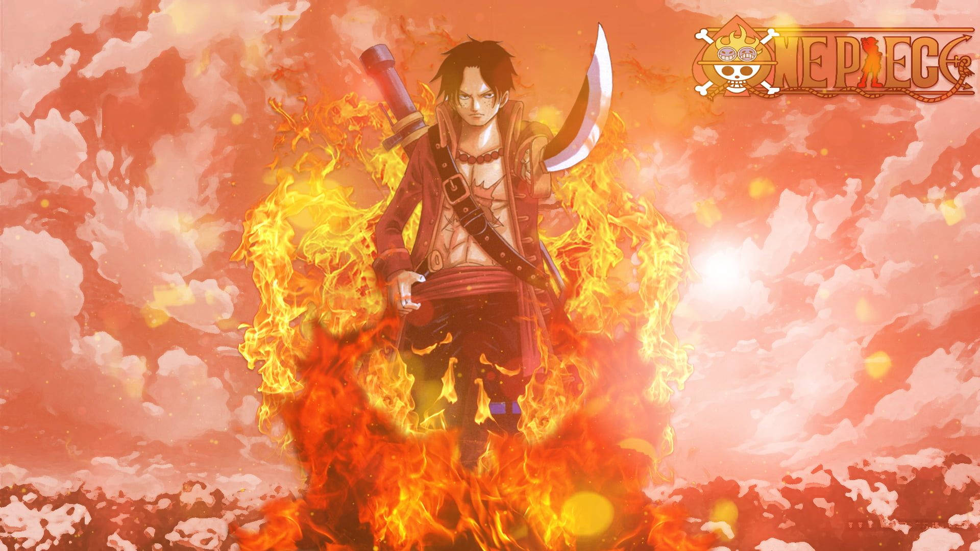 Ace 桌布 壁紙 — 一個火熱的動漫戰士在夕陽天空下，於咆哮的火焰中挑釁地站立，角落有一個骷髏和交叉骨標誌。