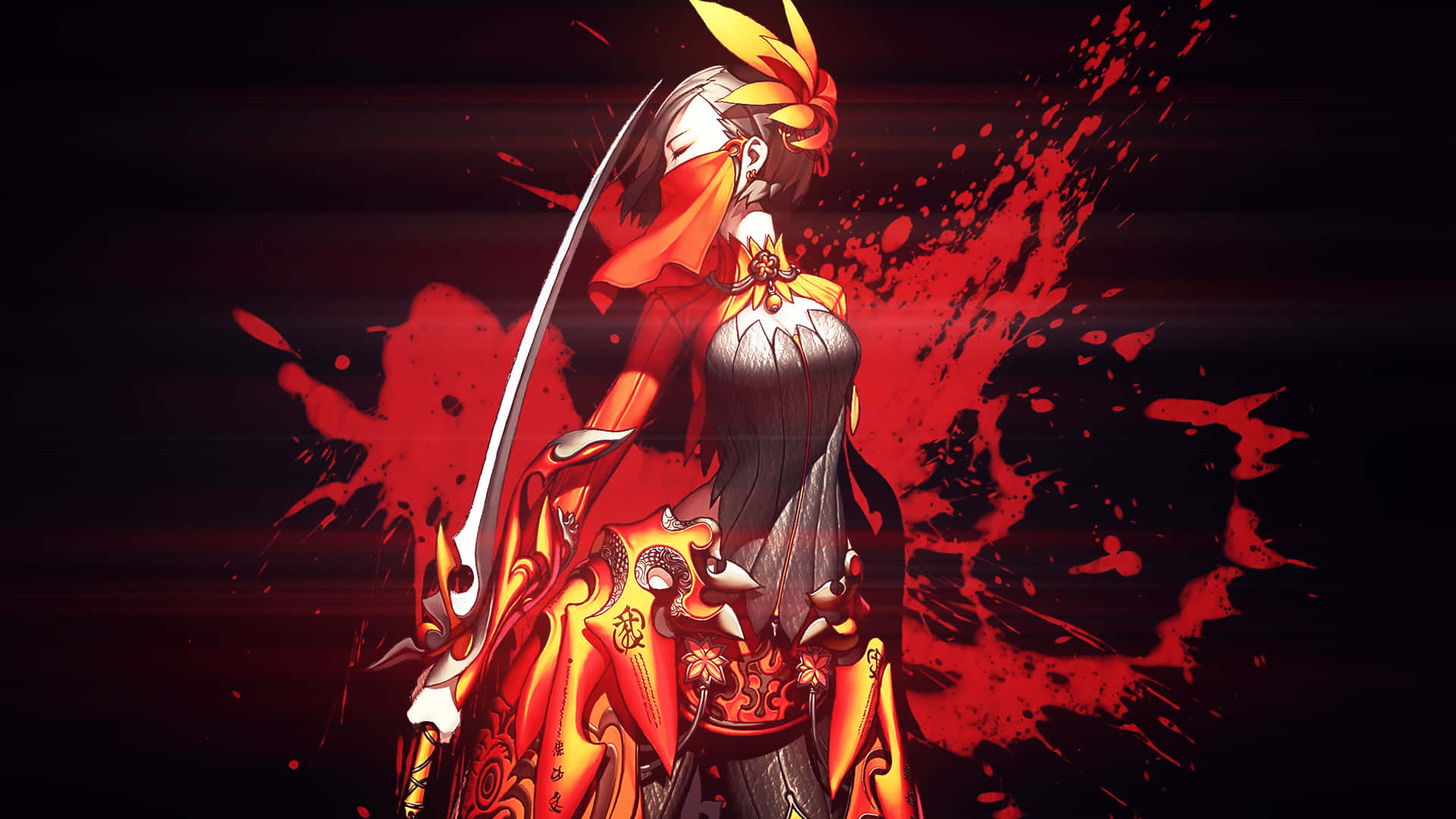 blade and soul 桌布 壁紙 — 一個火熱的動漫戰士手持發光的劍，站在一個被紅色能量濺滿的黑暗背景前。