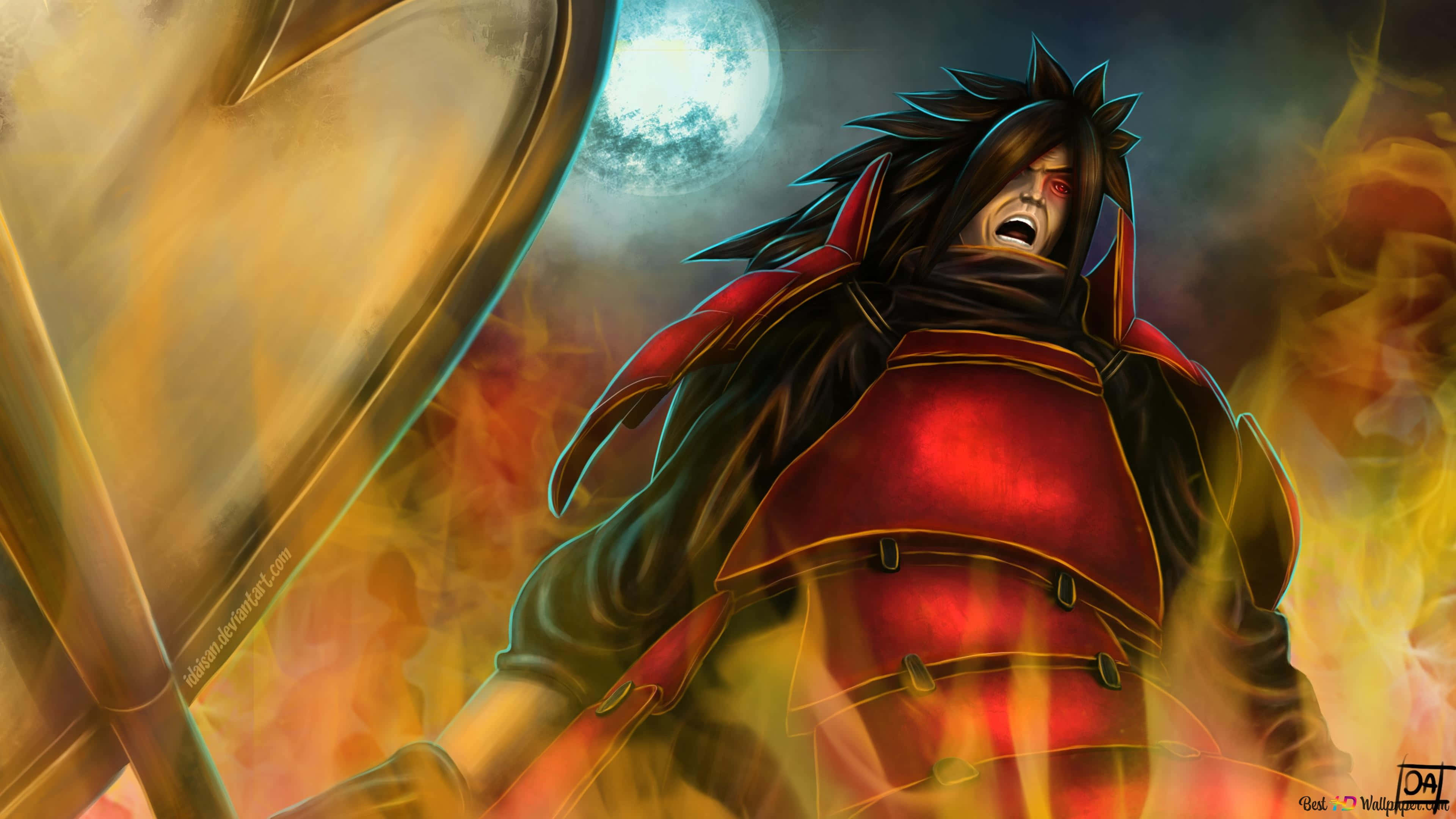 Uchiha Clan 桌布 壁紙 — 一個火熱的動漫戰士穿著紅色盔甲，在滿月下咆哮，火焰在他周圍旋轉。