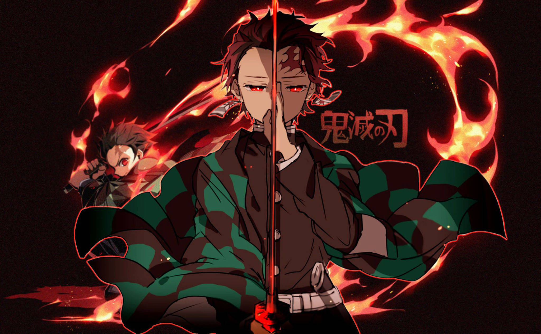 tanjiro pfp 桌布 壁紙 — 一個火熱的動漫戰士穿著綠色和黑色格子紋和服，在黑暗背景中手持發光劍，周圍有火焰和一個較小的自己。