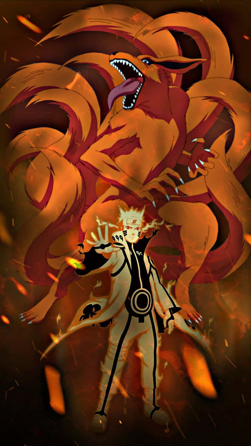 Naruto Nine Tails 桌布 壁紙 — 一個火熱的動漫戰士站在一隻巨大的九尾狐面前，眼睛發光，火焰在他們周圍旋轉。