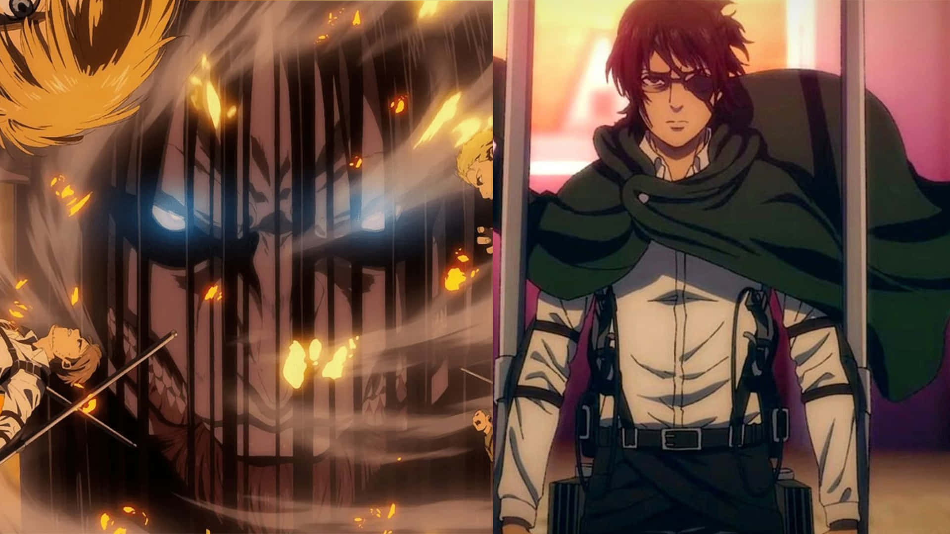 Great Titan War 桌布 壁紙 — 一個火熱的動漫戰鬥場景，有一個巨大的巨人，以及一個身穿綠色斗篷、堅定地站著的士兵。