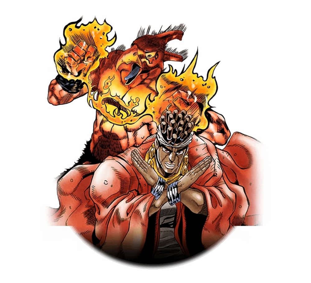 Muhammad Avdol 桌布 壁紙 — 一個火熱的動漫角色，拳頭和頭部噴出火焰，擺出動態的戰鬥姿勢。