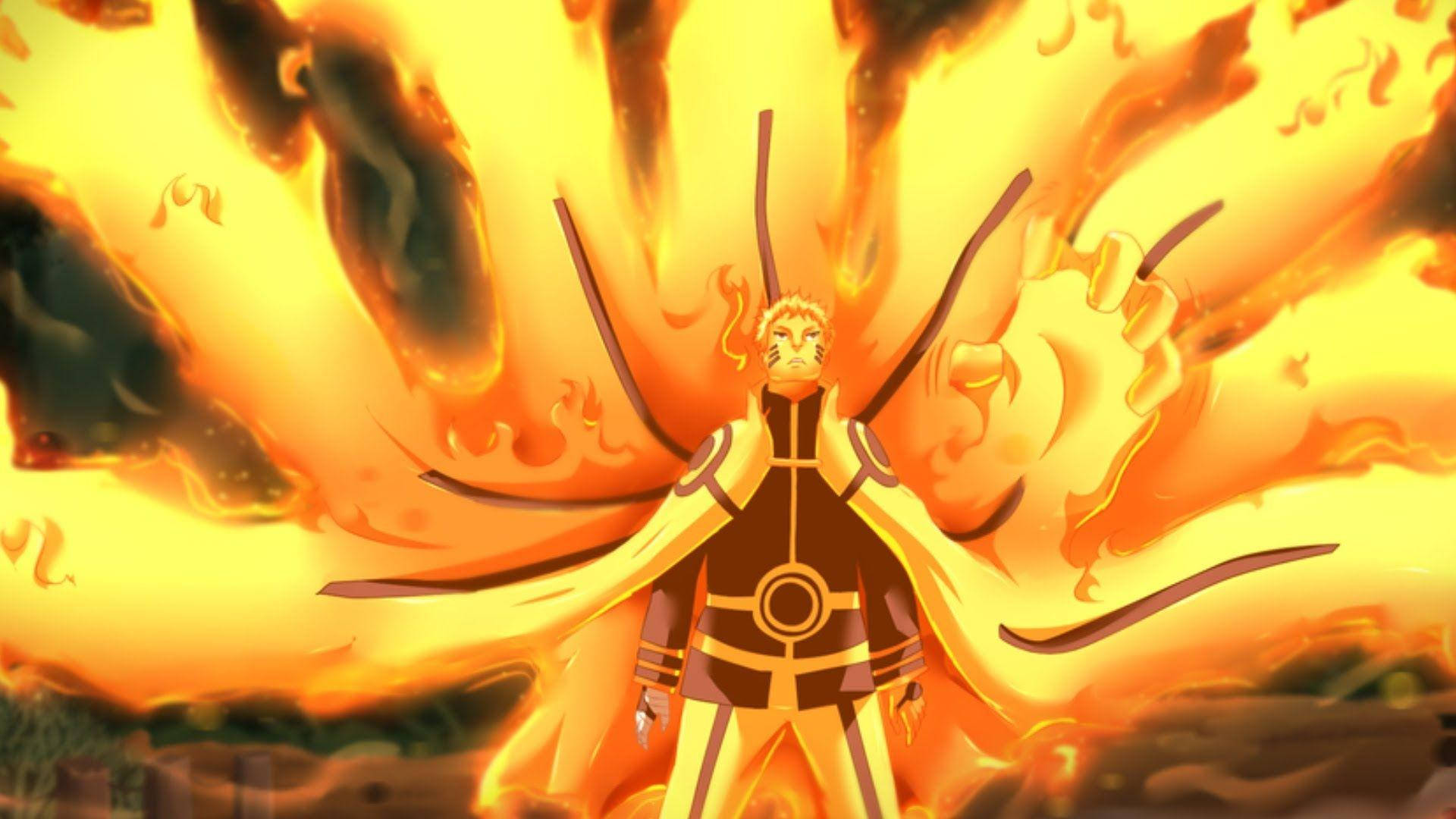 Naruto Nine Tails 桌布 壁紙 — 一個火熱的動漫角色，擁有九條火焰尾巴，在熾熱的橙色天空下散發力量。