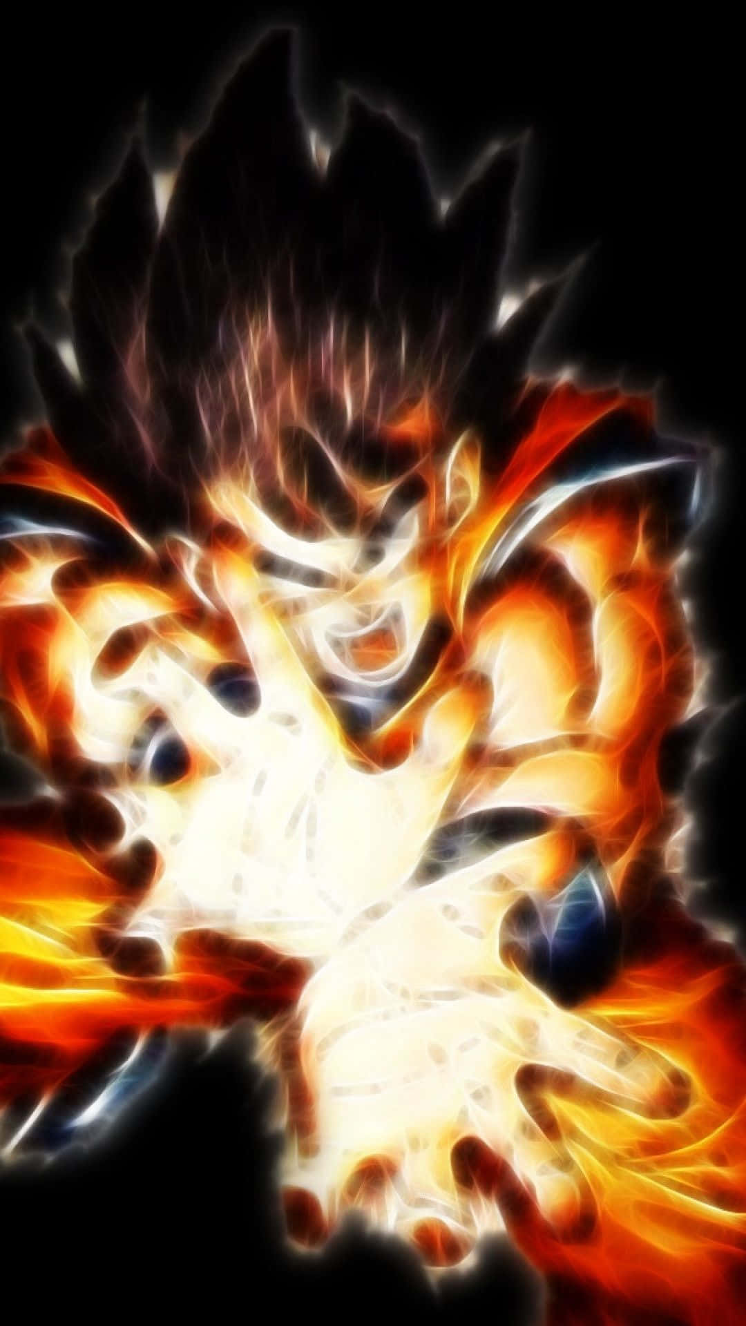 Dragon Ball Z Phone 桌布 壁紙 — 一個火熱的動漫角色，擁有尖刺頭髮和發光的眼睛，在黑色背景上散發出強烈的能量。