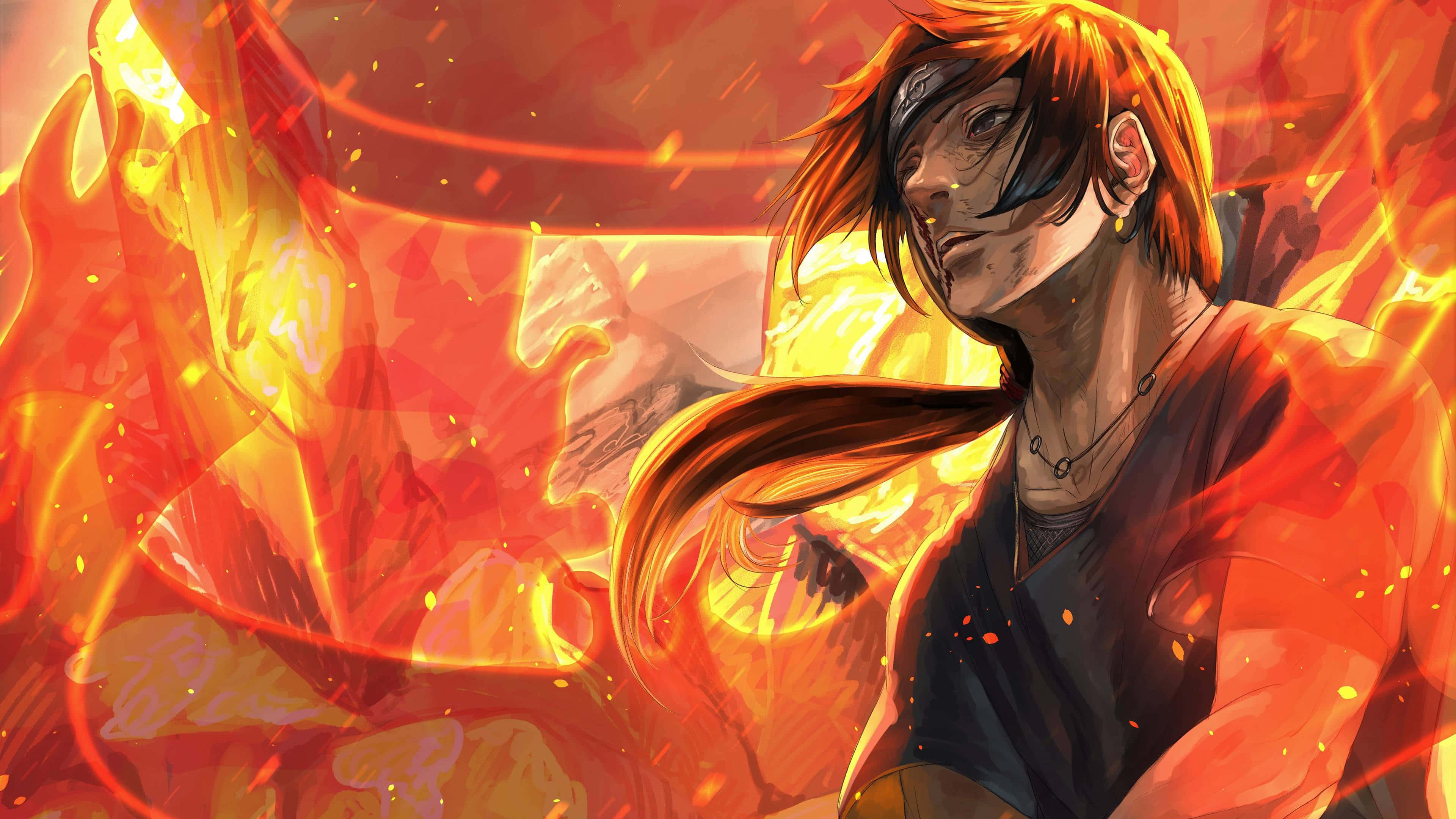 Naruto Fire 桌布 壁紙 — 一個火熱的動漫角色，擁有橙色頭髮和頭帶，在旋轉的火焰和發光的餘燼中以動態姿勢站立。