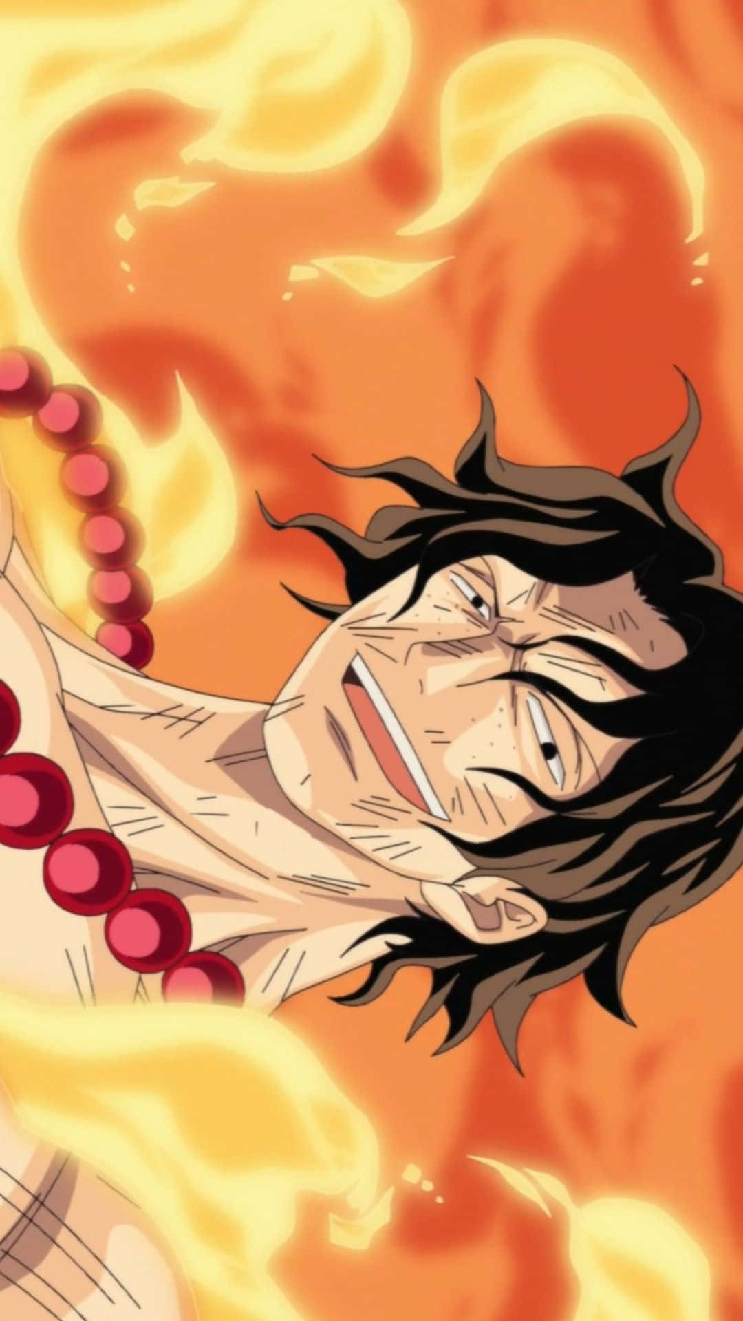 One Piece Ace's Death 桌布 壁紙 — 一個火熱的動漫角色，擁有狂野的頭髮和紅色珠子，在熾熱的橙色背景前大笑。