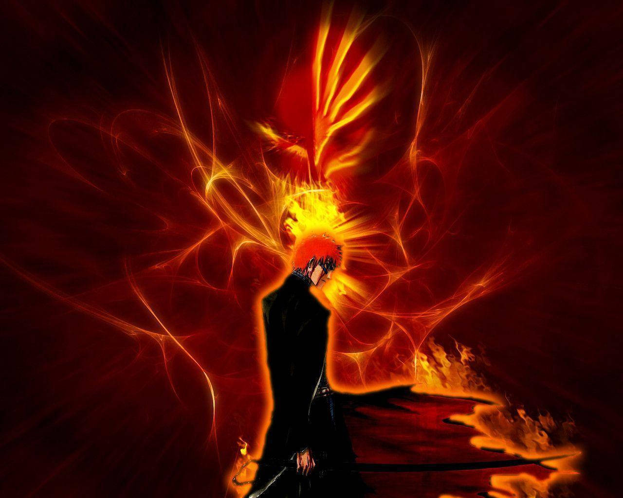 Bankai 桌布 壁紙 — 一個火熱的動漫角色，擁有發光的橙色頭髮和黑色外套，站在旋轉的紅色和橙色能量漩渦前。