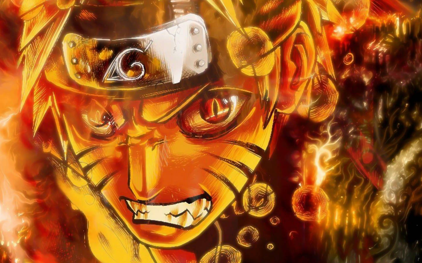 重子模式 桌布 壁紙 — 一個火熱的動漫角色，擁有發光的紅色眼睛和堅定的笑容，被旋轉的火焰和金色能量包圍。