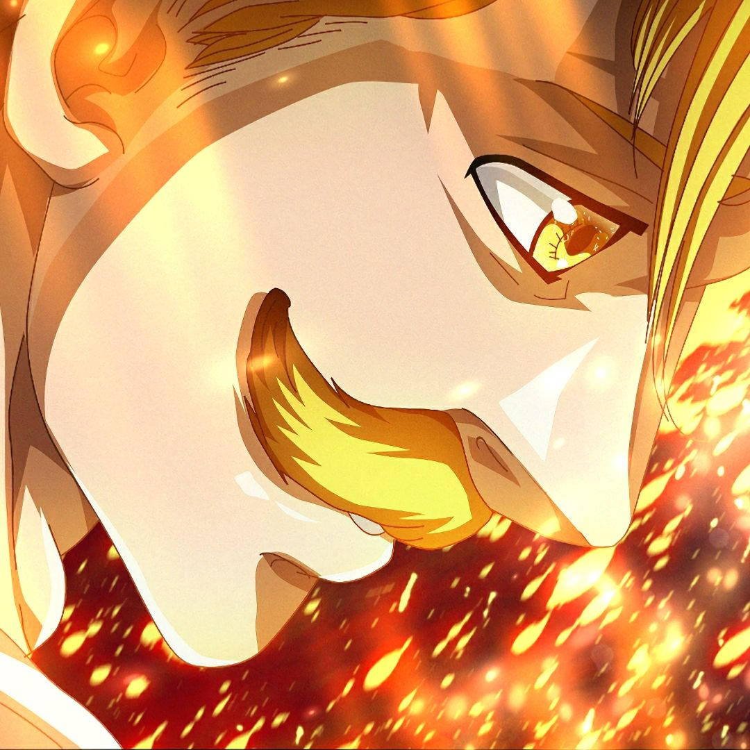 Escanor 桌布 壁紙 — 一個火熱的動漫角色，擁有金色頭髮和強烈的眼睛，被發光的餘燼和輻射光包圍。