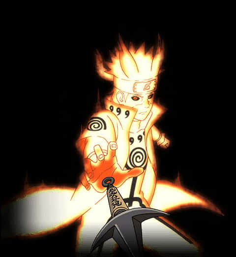 minato namikaze 桌布 壁紙 — 一個火熱的動漫角色，有著尖刺頭髮和螺旋紋身，在黑色背景前握著一把苦無刀。