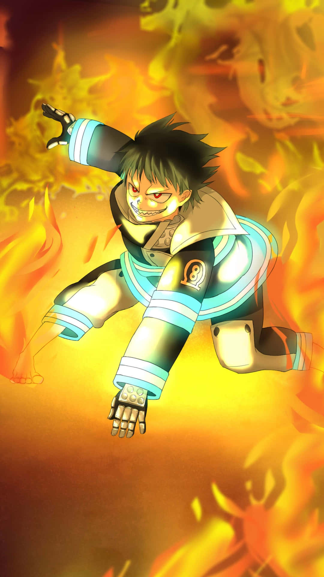 Anime Fire 桌布 壁紙 — 一個火熱的動漫角色，眼睛發光，頭髮尖刺，動態地跳過橙色和黃色的火焰。