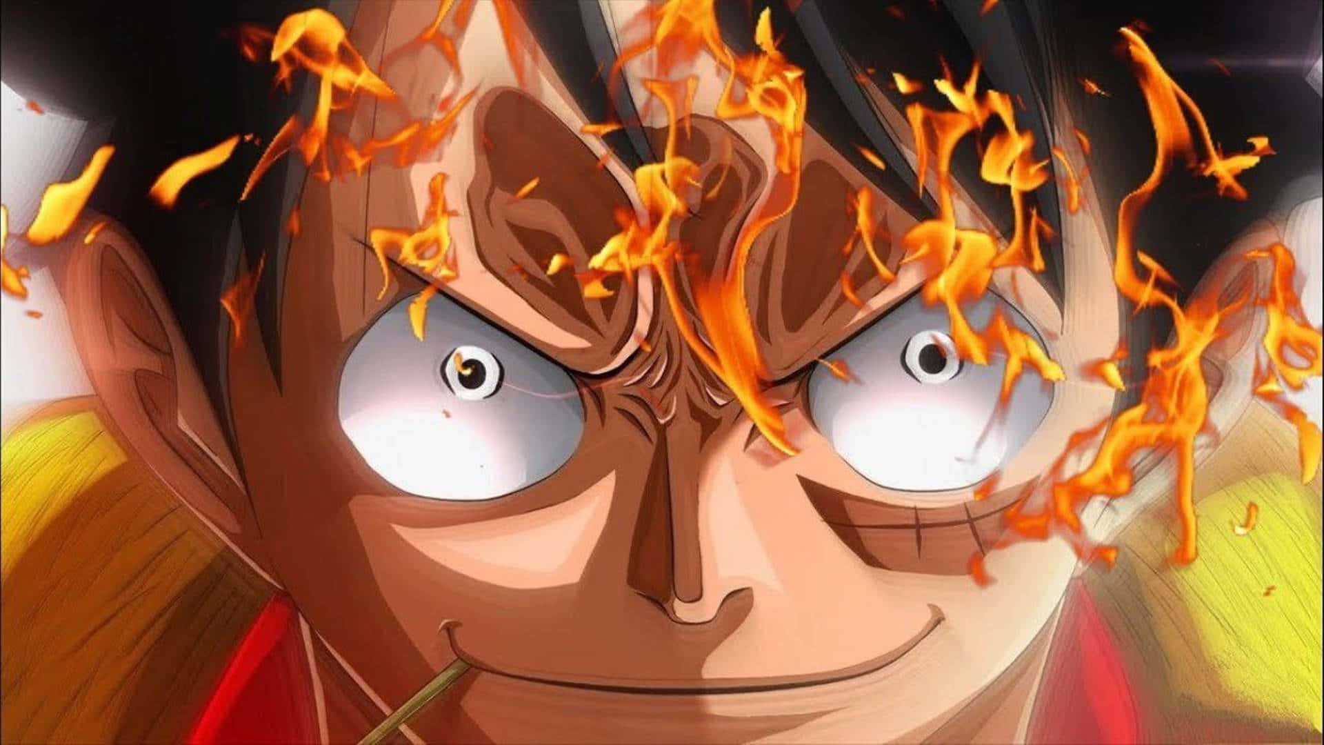 Luffy 桌布 壁紙 — 一個火熱的動漫角色，眼神強烈，火焰從他的頭部爆發，戲劇性的特寫。