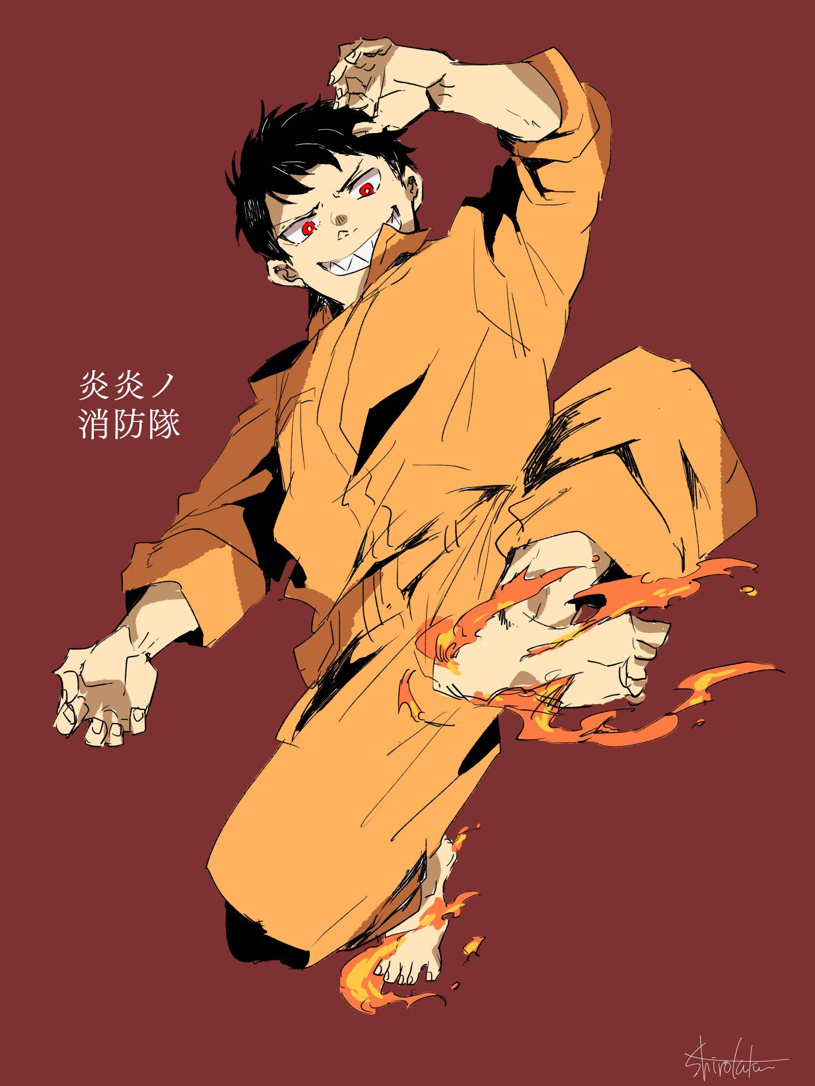 炎炎消防隊 桌布 壁紙 — 一個火熱的動漫角色穿著橙色制服，雙手噴出火焰，向前猛衝，背景是深紅色。