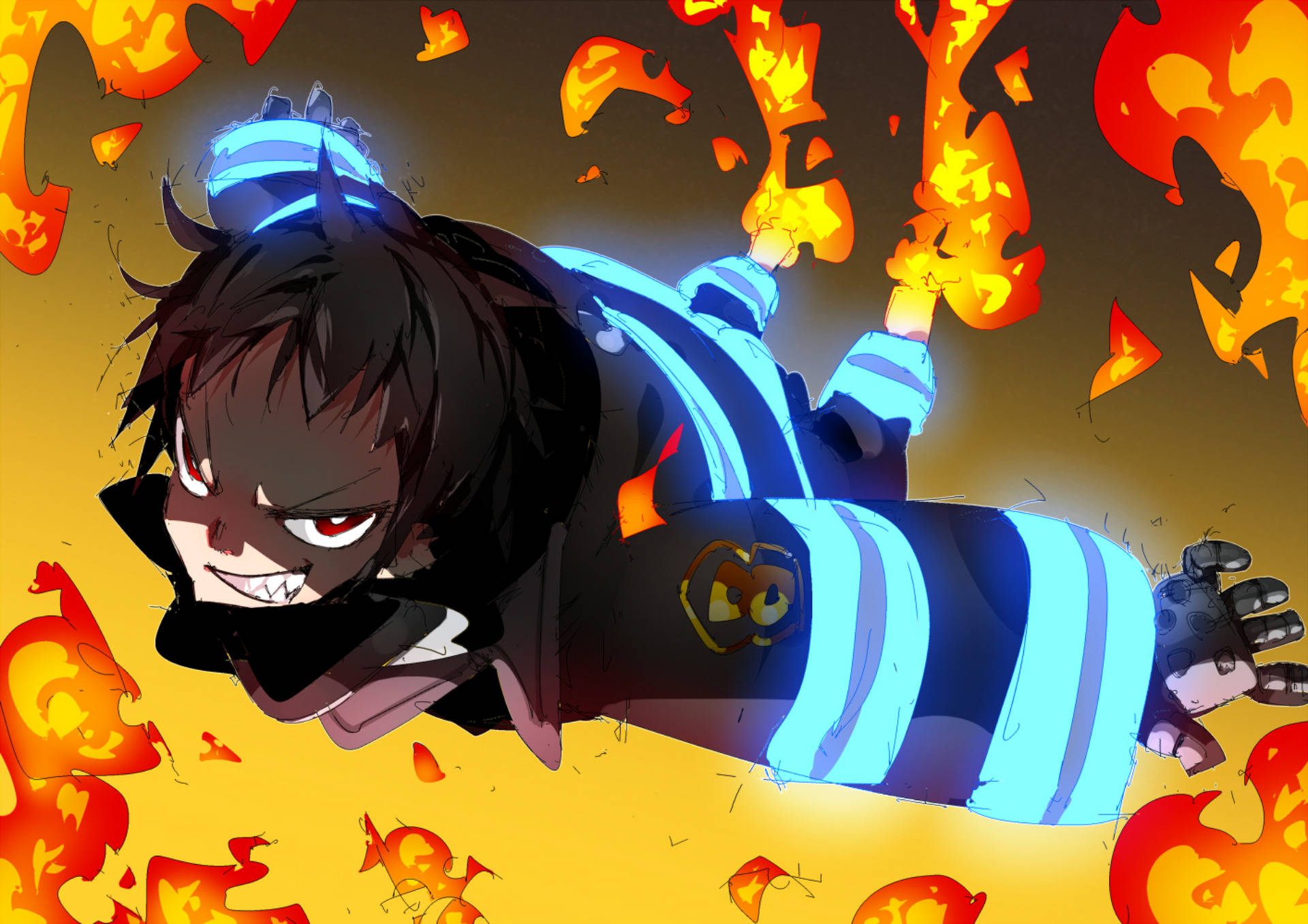 Shinra 桌布 壁紙 — 一個火熱的動漫角色穿著藍黑制服，閃耀著眼睛穿過熾熱的橙色和黃色地獄。
