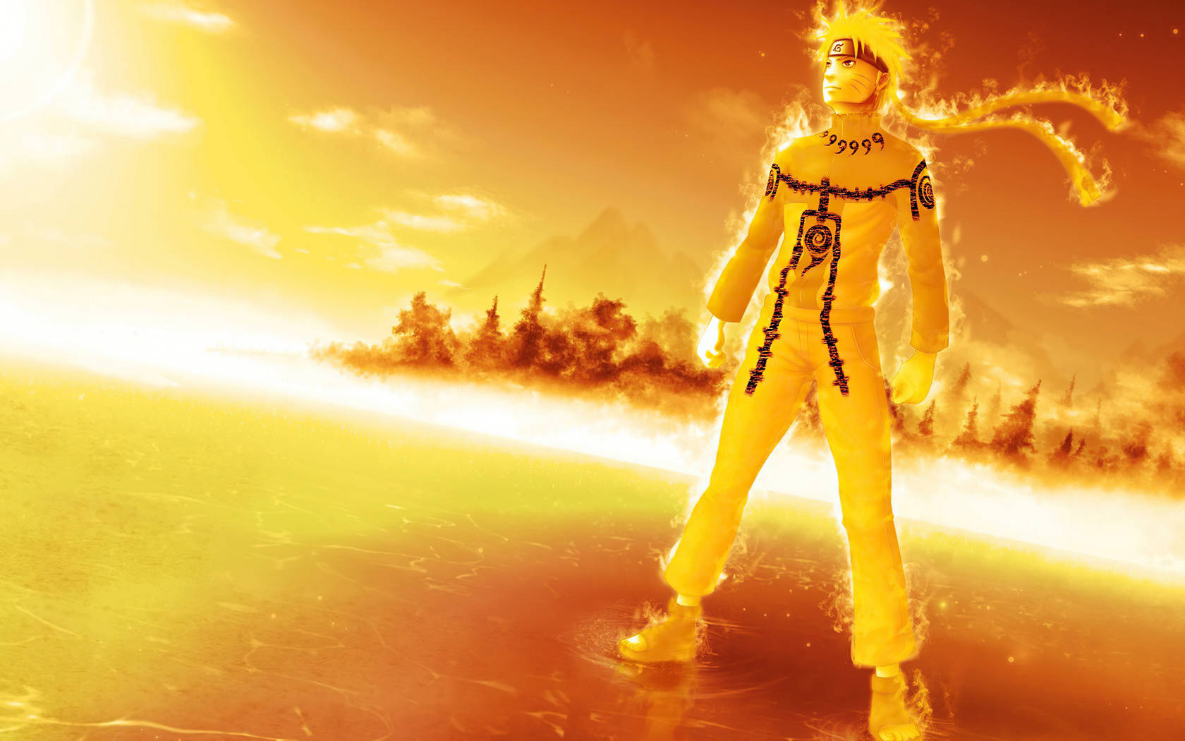 Yellow Naruto 桌布 壁紙 — 一個火熱的動漫角色穿著黃色忍者裝備，英雄般地站在閃耀的日落天空前，背景有遠山。