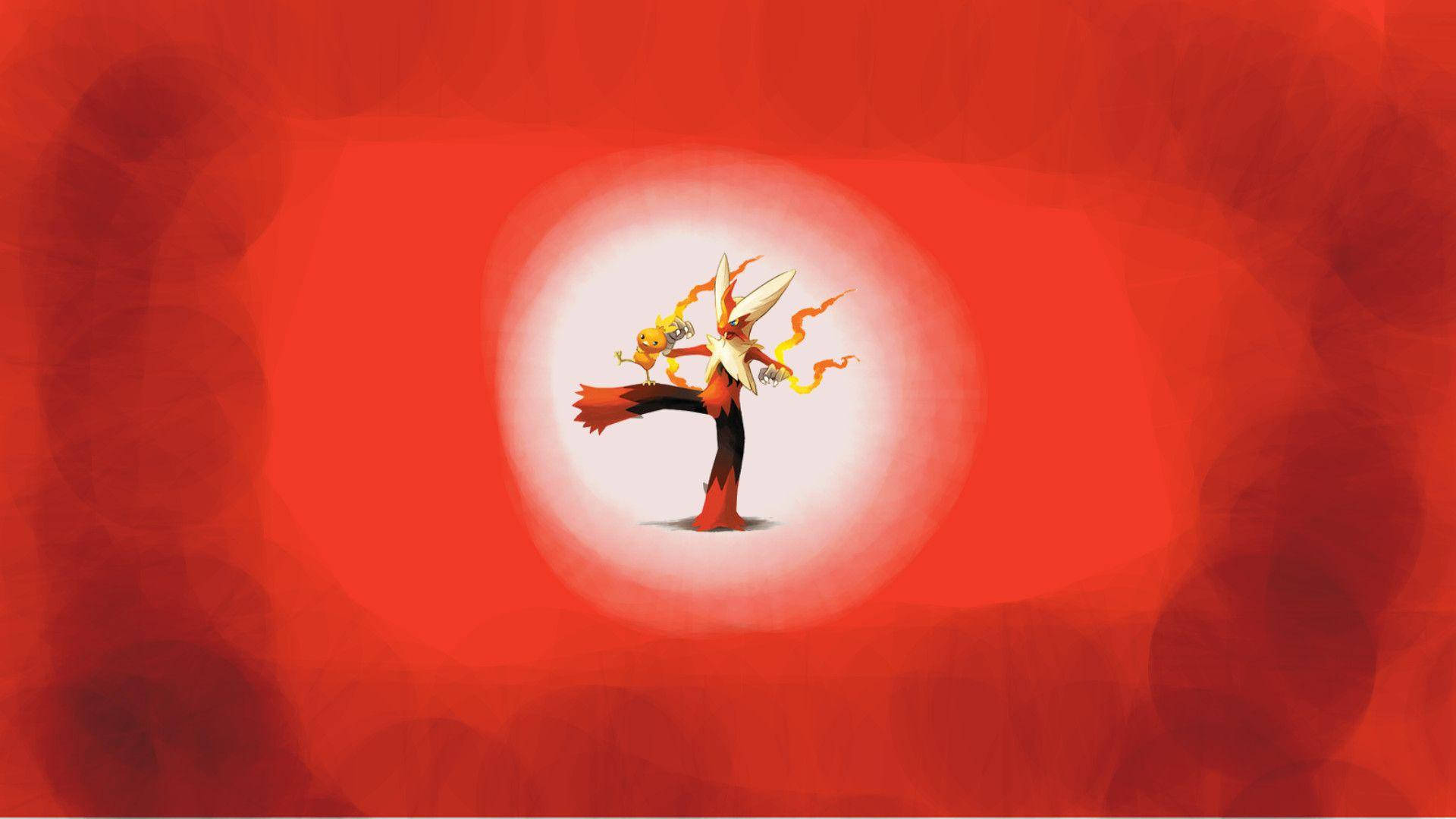 Blaziken 桌布 壁紙 — 一個火熱的動漫風格生物，帶有火焰翅膀和尾巴，站在發光的白色圓圈內，背景是紋理紅色。