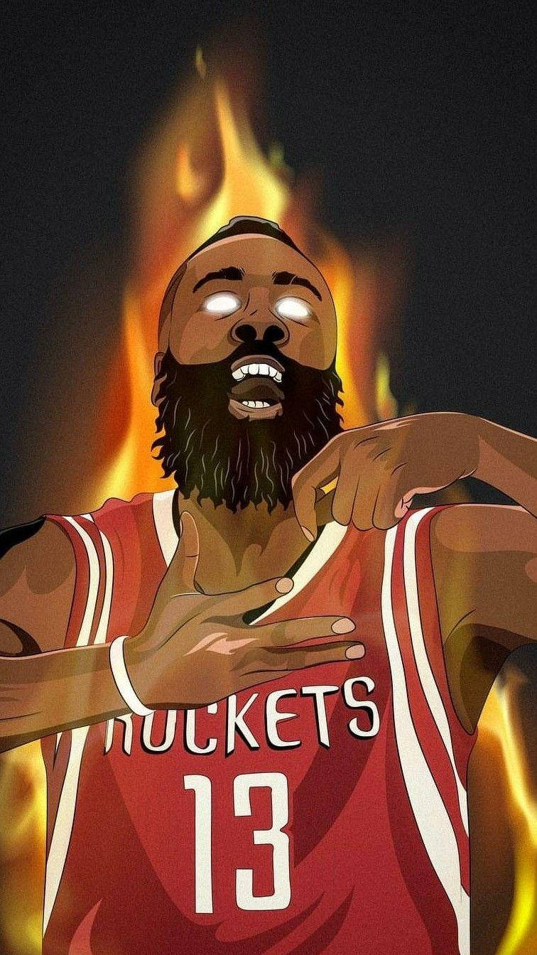 James Harden 桌布 壁紙 — 一個火熱的動畫籃球運動員，身穿紅色火箭隊球衣，眼睛發光，身後有火焰。