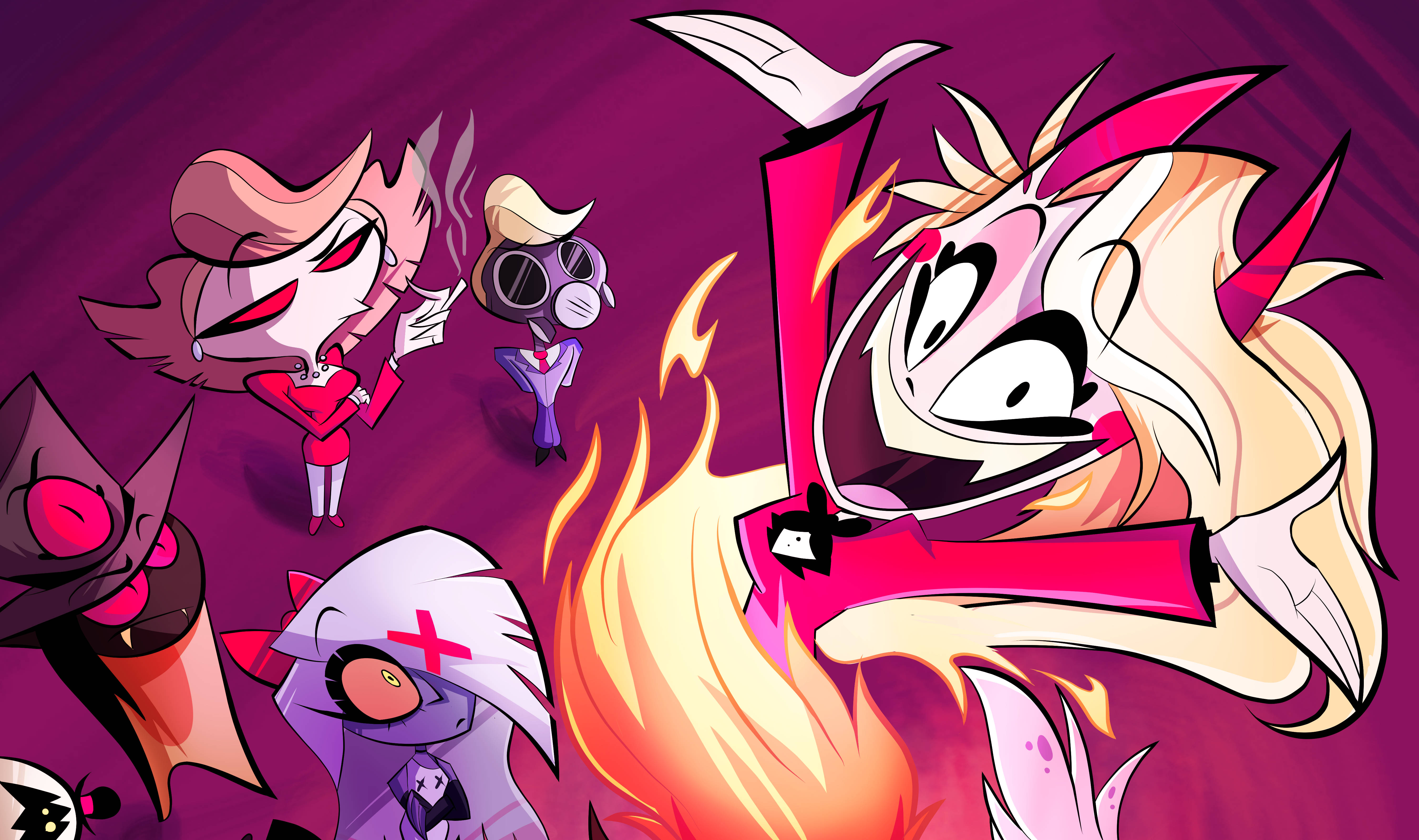 Hazbin Hotel 桌布 壁紙 — 一個火熱的動畫角色，金髮紅角，在深紫色背景前戲劇性地咆哮，周圍是其他風格化的卡通反派。