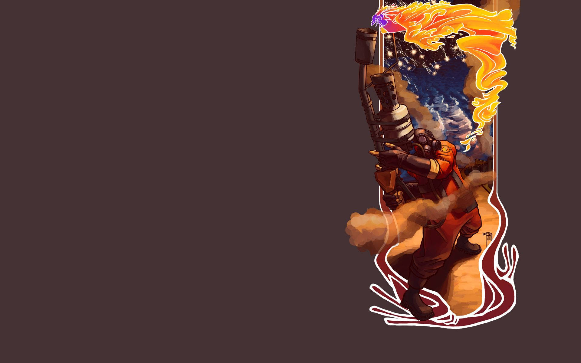 Tf2 桌布 壁紙 — 一個火熱的動畫角色穿著橙色裝備，向著由旋轉火焰和煙霧框住的星空發射大型武器。